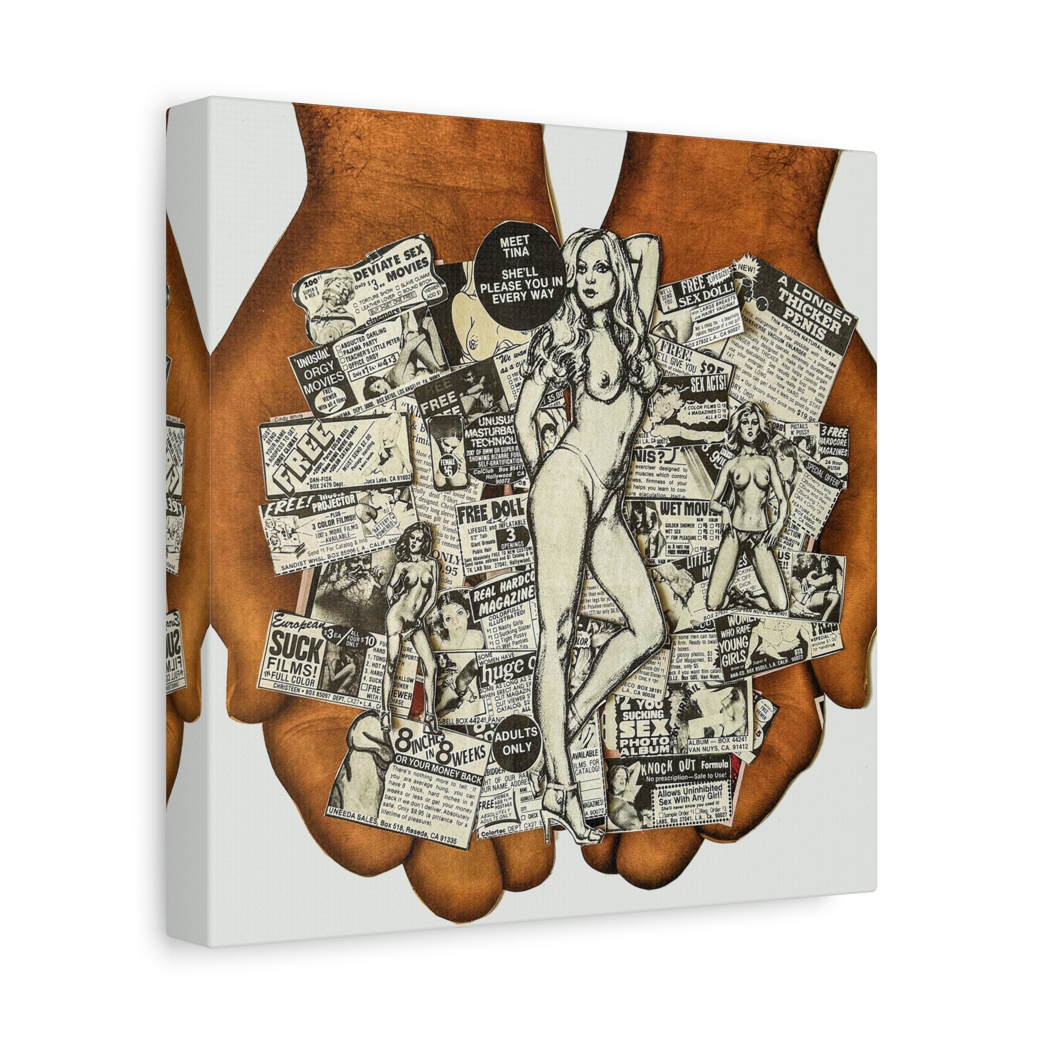 Pinup Collage Canvas Print — Vintage Pin-Up Hands Art on Stretched Matte Canvas