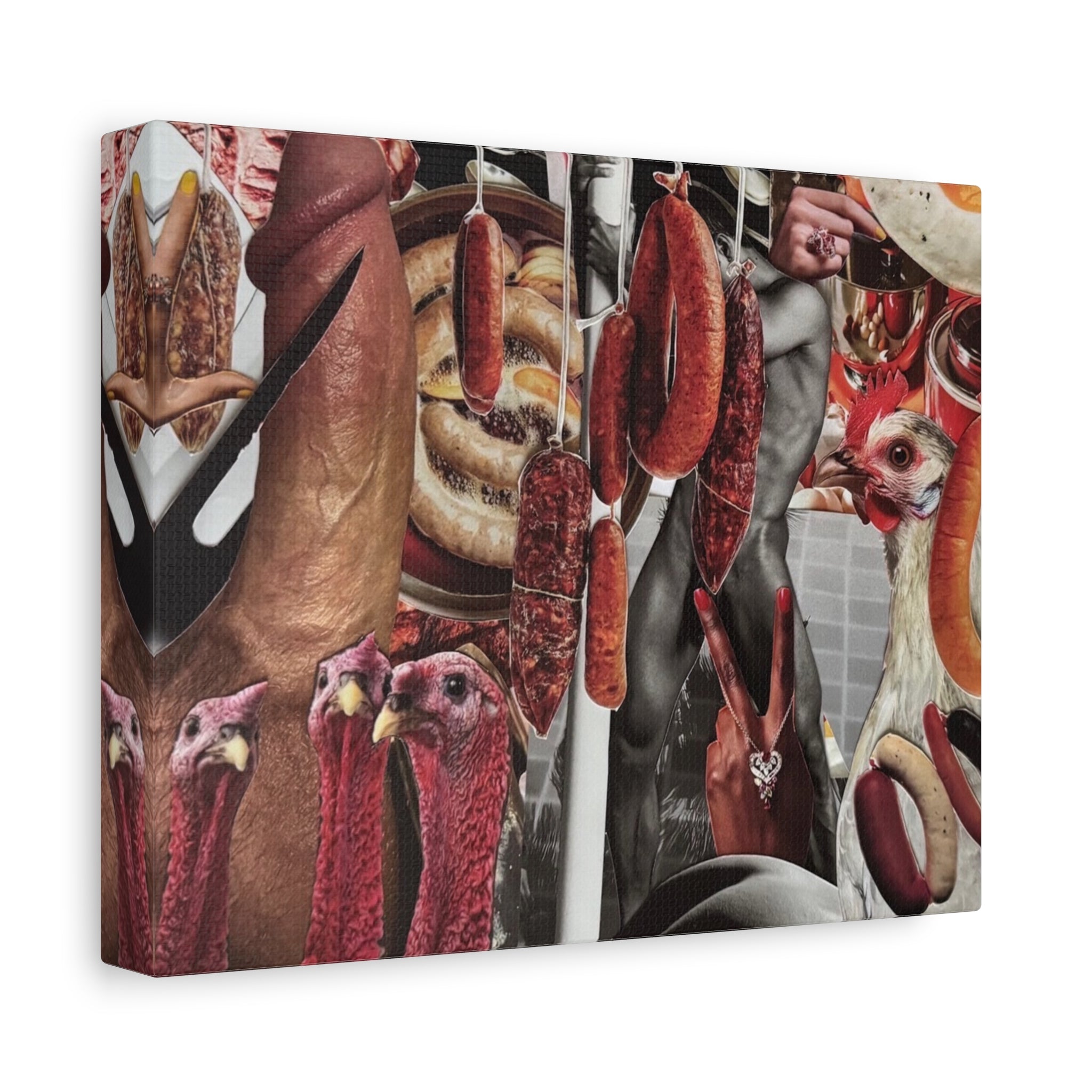 Kitchen Collage Canvas — Surreal Turkey & Sausage Art Print
