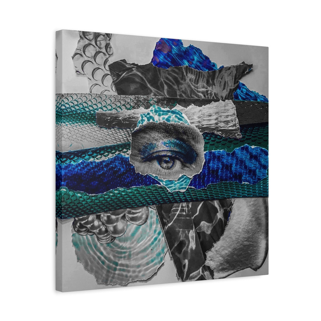 Surreal Eye Collage Matte Canvas Art – Blue Mixed Media Wall Decor