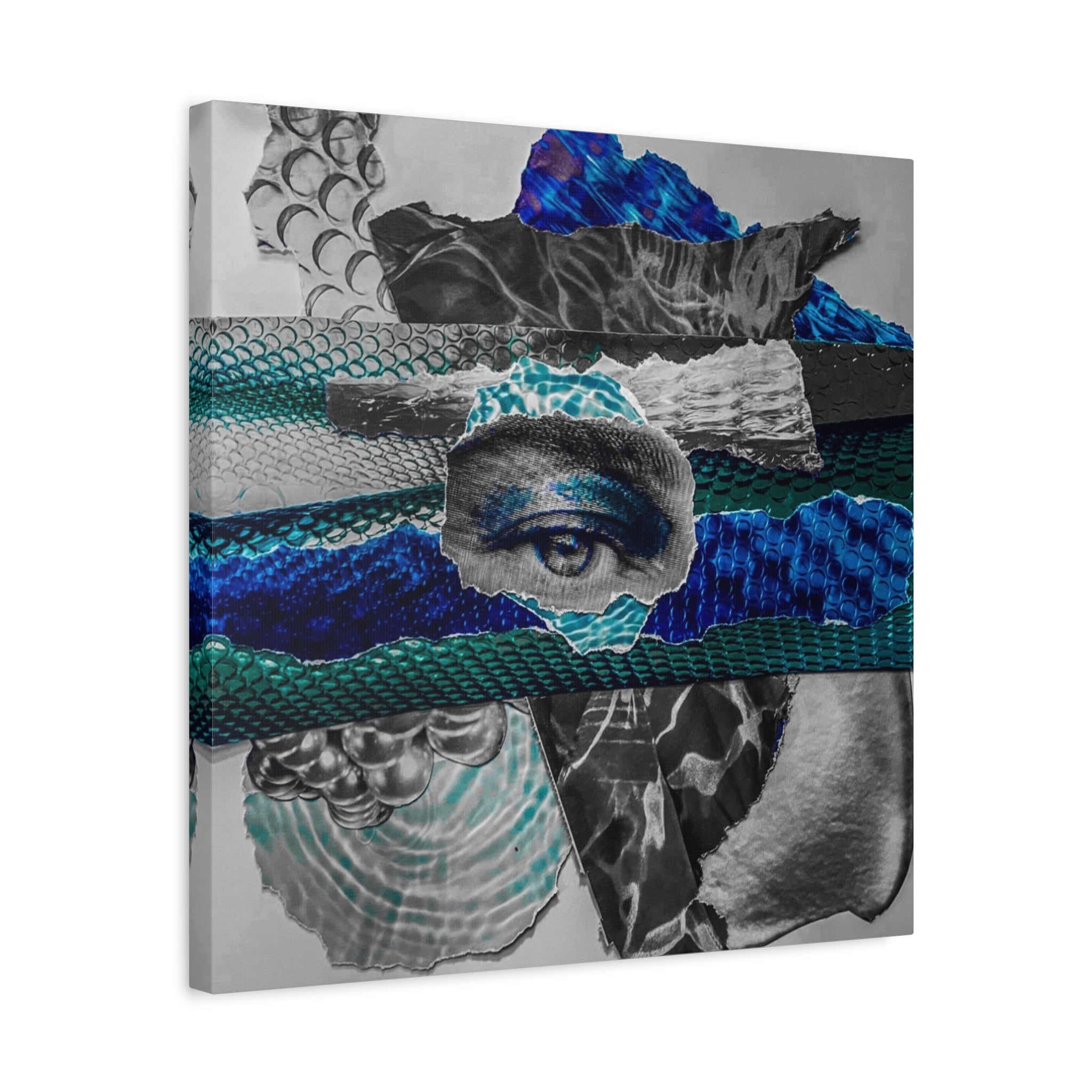 Surreal Eye Collage Matte Canvas Art – Blue Mixed Media Wall Decor