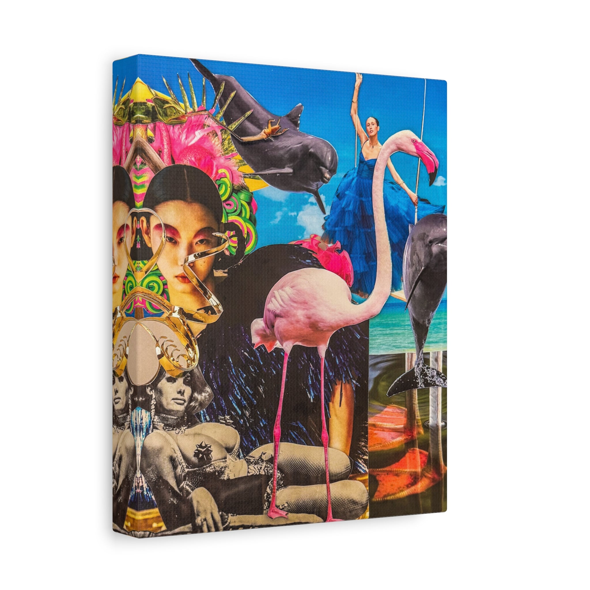 Surreal Tropical Collage Canvas Print — Flamingo & Retro Portrait Wall Art