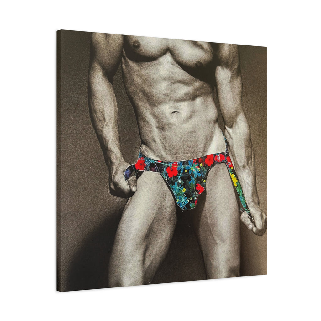 Male Pin-Up Art Canvas Print — Vintage Bodybuilder in Floral Swimwear (Matte Stretched 1.25")