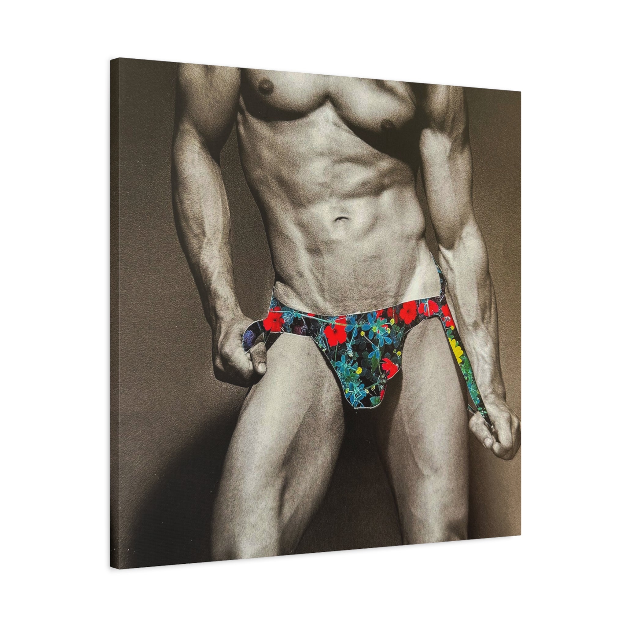 Male Pin-Up Art Canvas Print — Vintage Bodybuilder in Floral Swimwear (Matte Stretched 1.25")