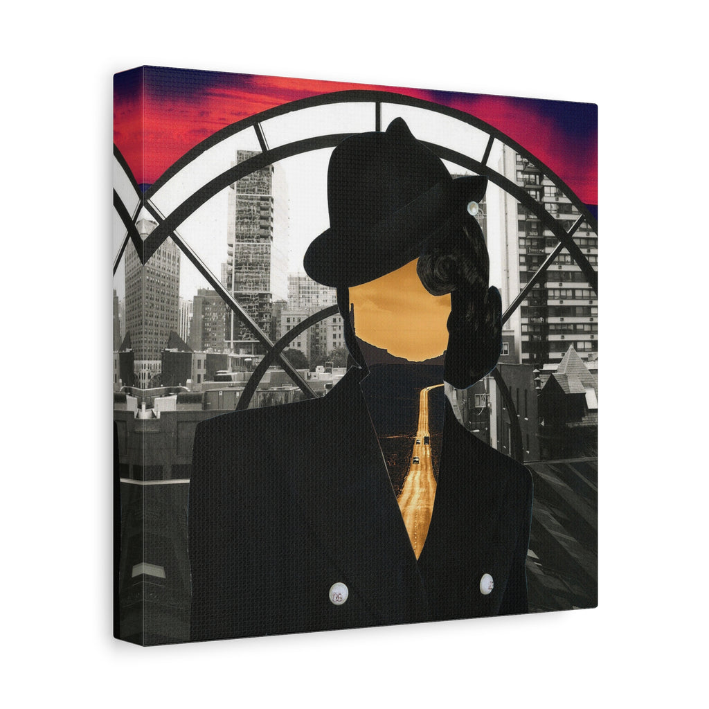 Surreal Cityscape Canvas Art — Faceless Figure with Sunset Road