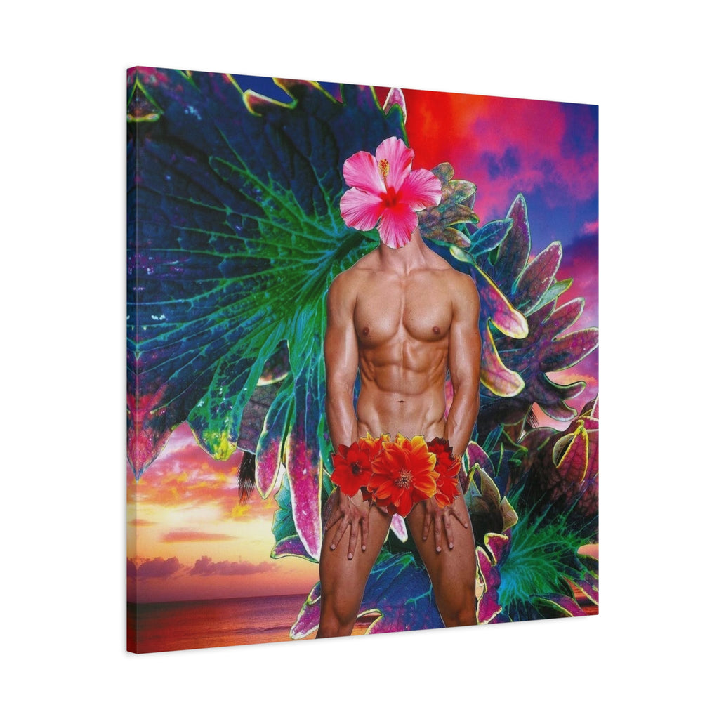 Tropical Fantasy Canvas Art — Floral-Headed Male Figure Matte Stretched Print
