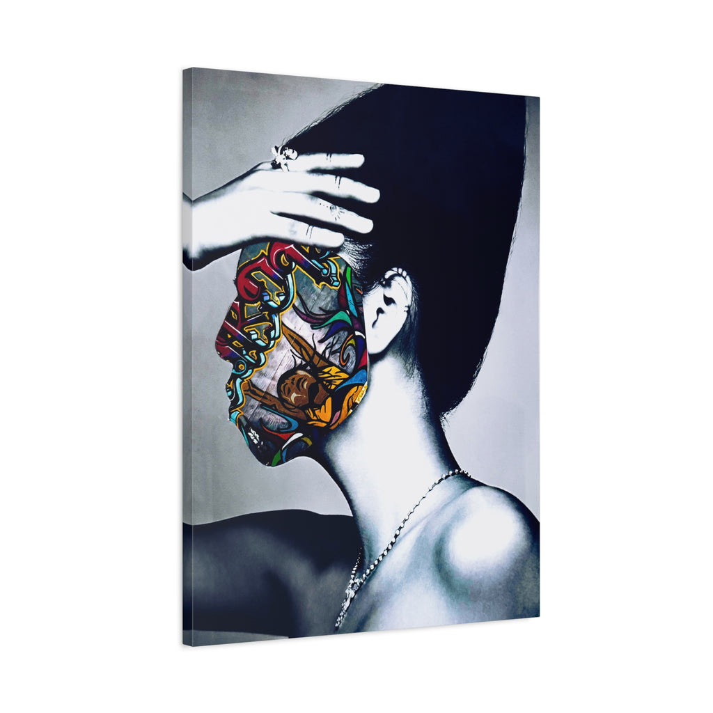 Portrait Canvas Art — Monochrome Woman with Colorful Tattoo Face, Modern Wall Art Print