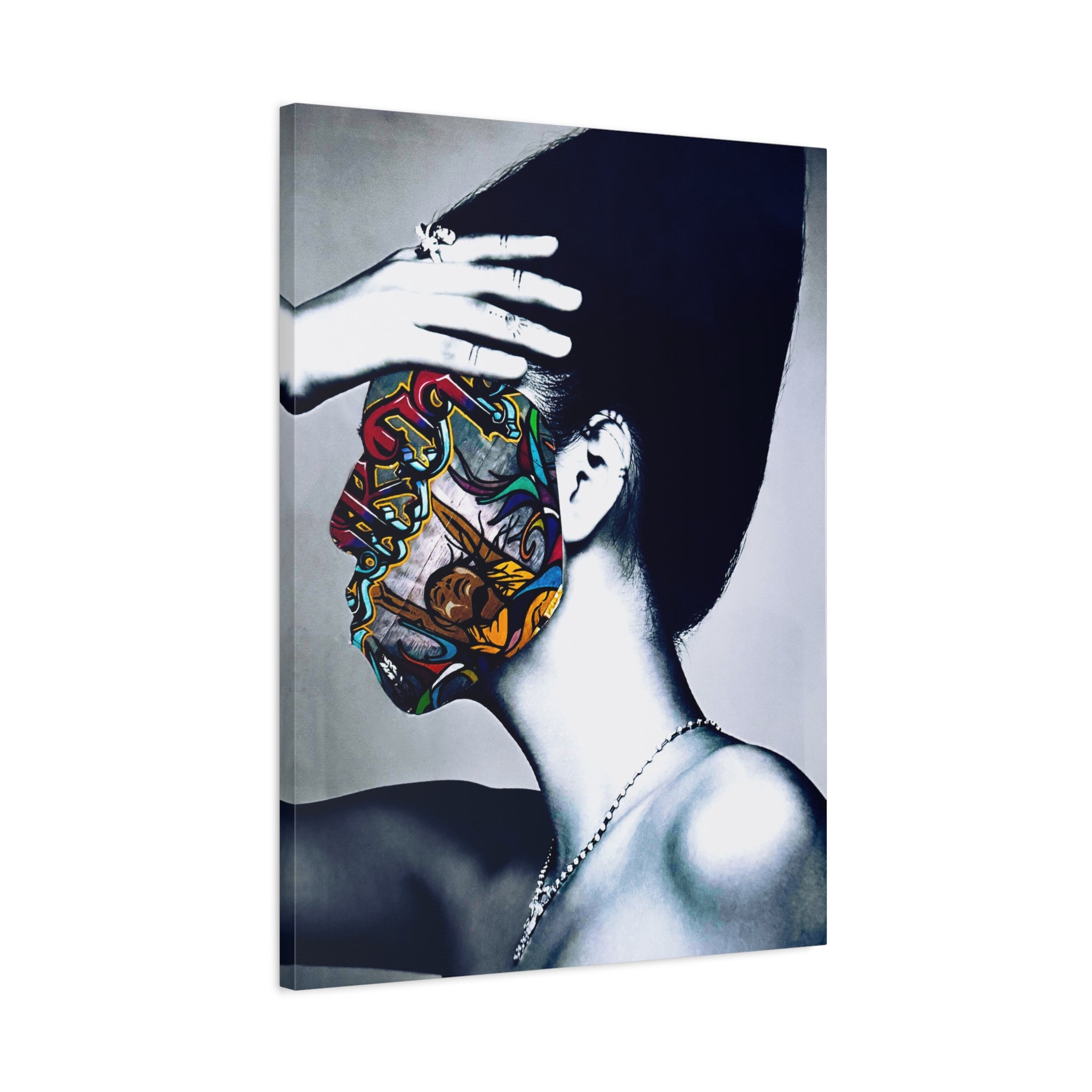 Portrait Canvas Art — Monochrome Woman with Colorful Tattoo Face, Modern Wall Art Print