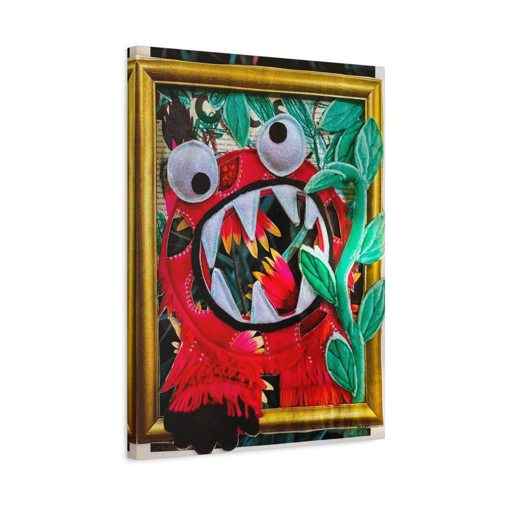 Playful Monster Art Canvas – Red Monster with Leaves Stretched Matte Print