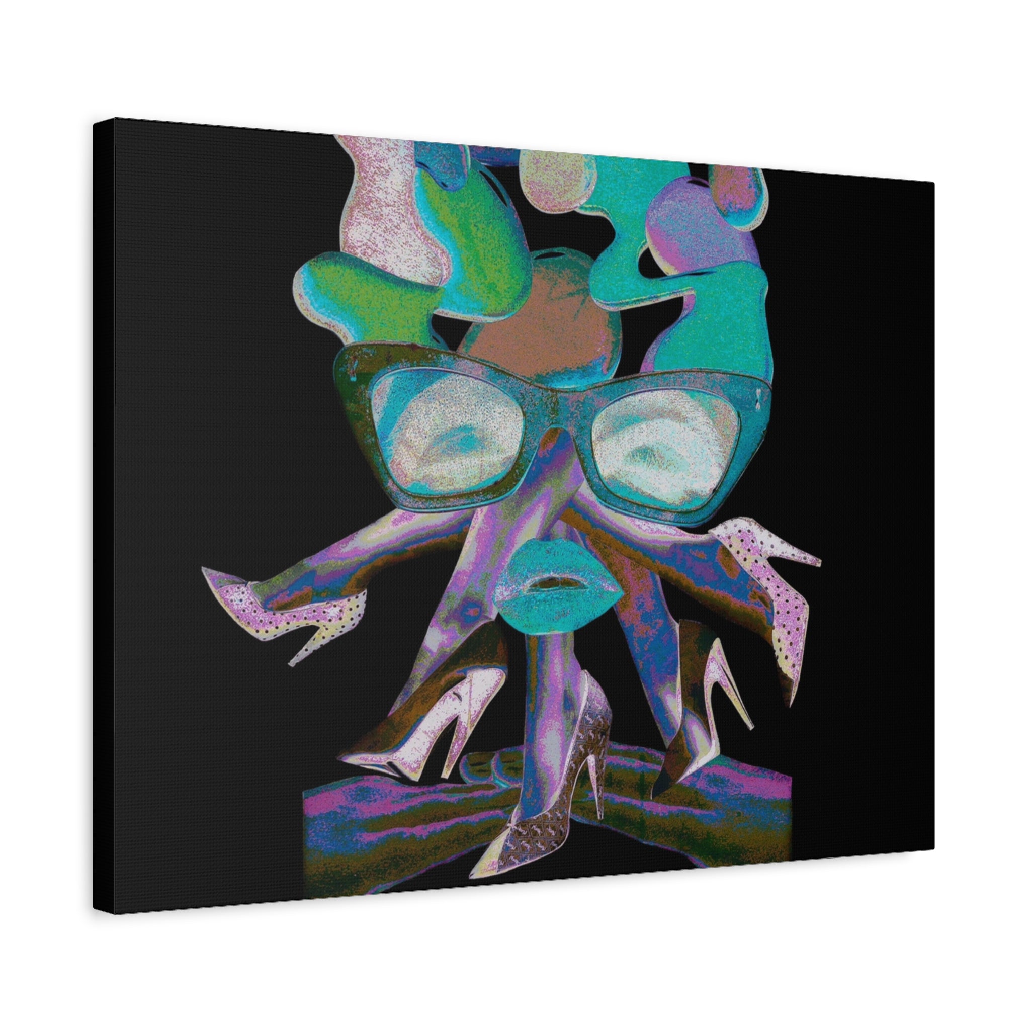 Abstract Femme Canvas Art — Colorful Retro Face with Glasses