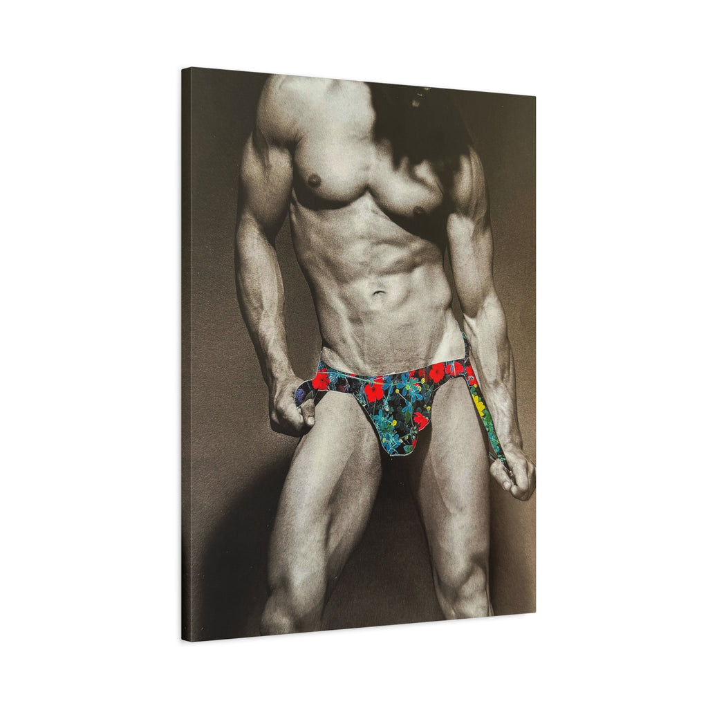 Male Pin-Up Art Canvas Print — Vintage Bodybuilder in Floral Swimwear (Matte Stretched 1.25")