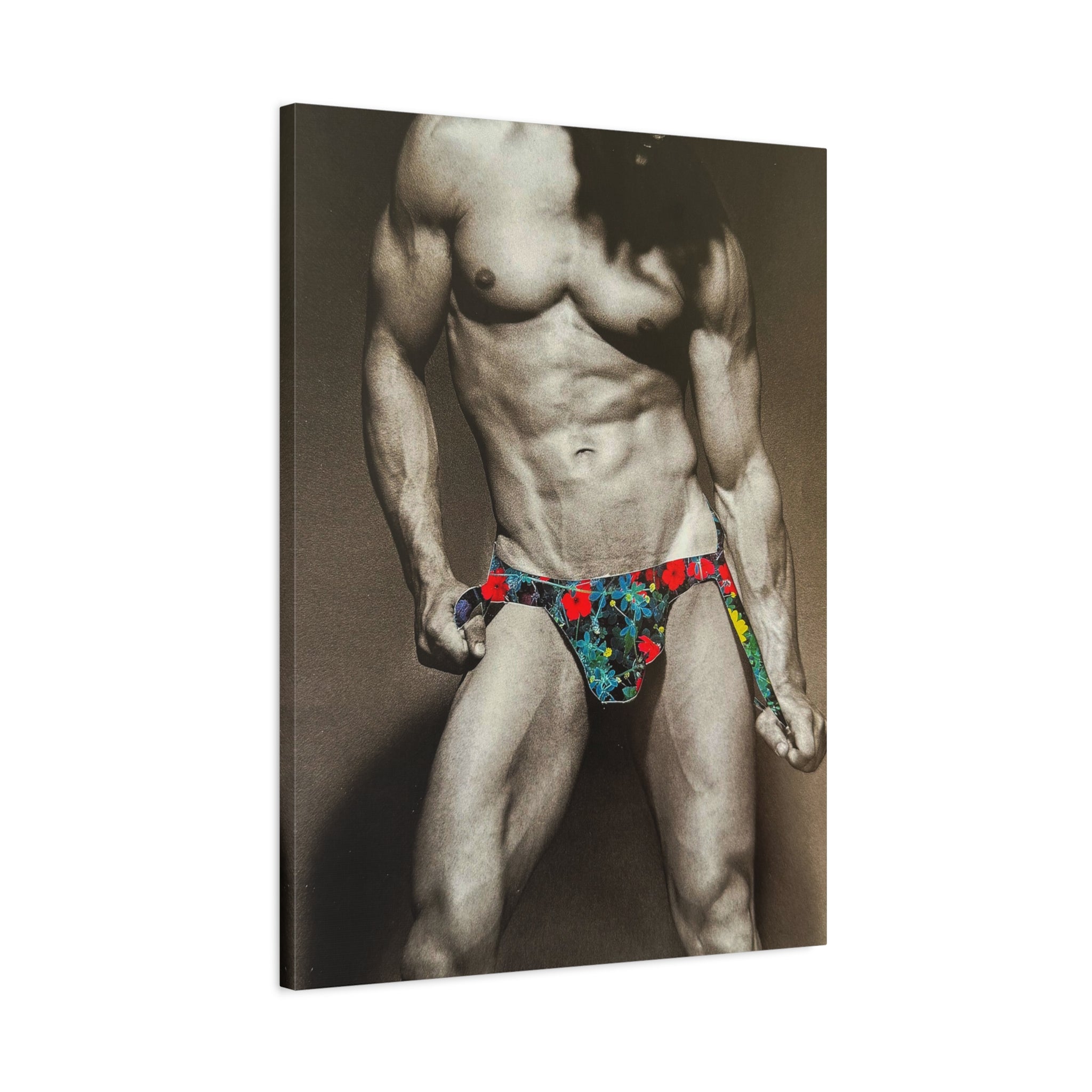 Male Pin-Up Art Canvas Print — Vintage Bodybuilder in Floral Swimwear (Matte Stretched 1.25")
