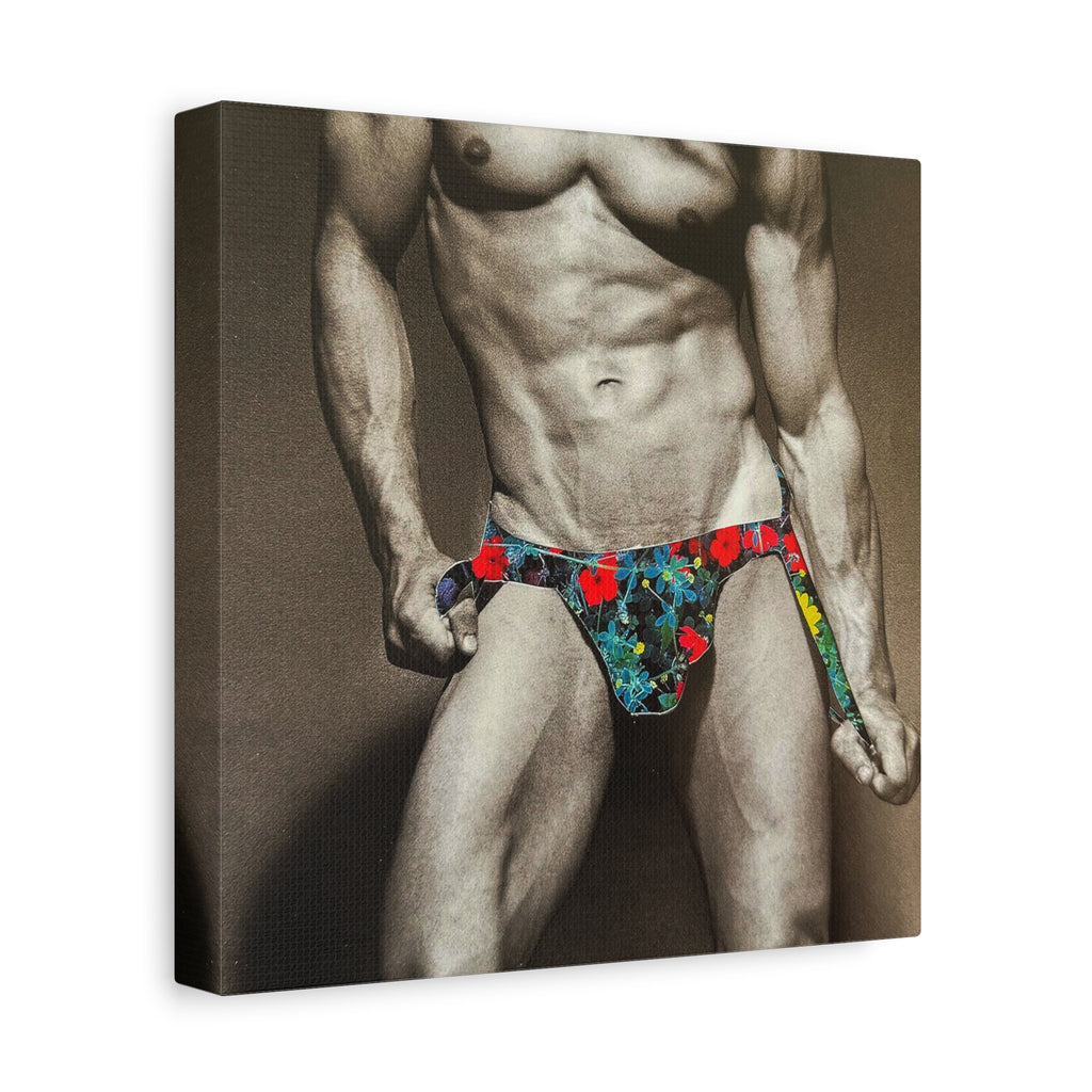 Male Pin-Up Art Canvas Print — Vintage Bodybuilder in Floral Swimwear (Matte Stretched 1.25")