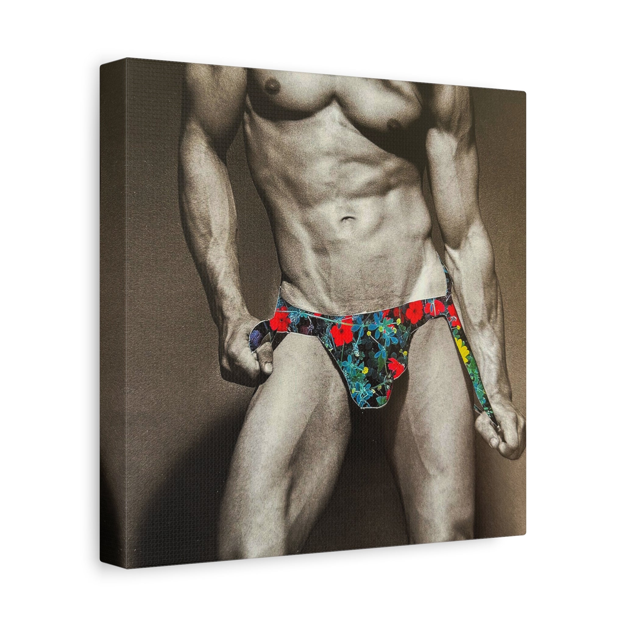 Male Pin-Up Art Canvas Print — Vintage Bodybuilder in Floral Swimwear (Matte Stretched 1.25")