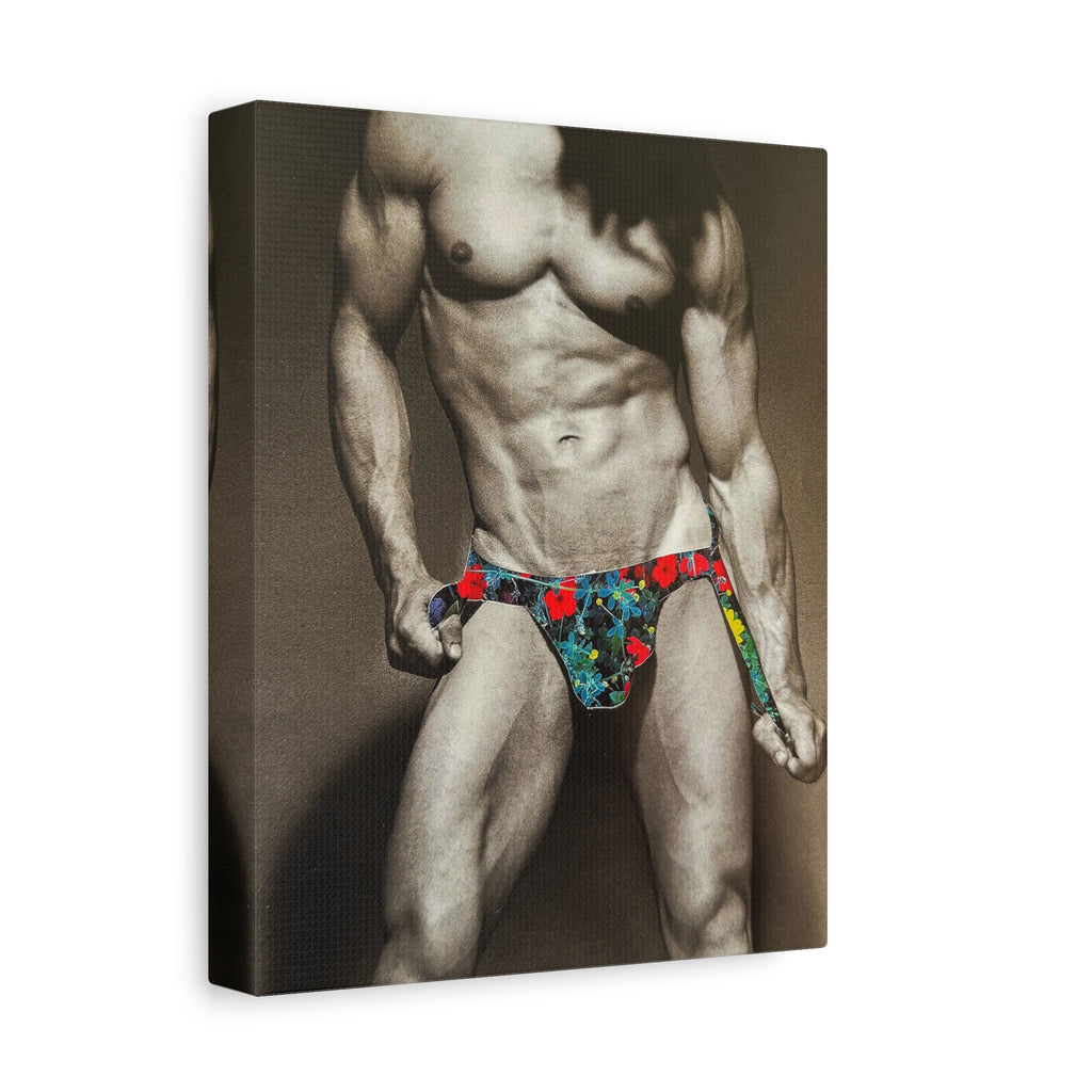 Male Pin-Up Art Canvas Print — Vintage Bodybuilder in Floral Swimwear (Matte Stretched 1.25")