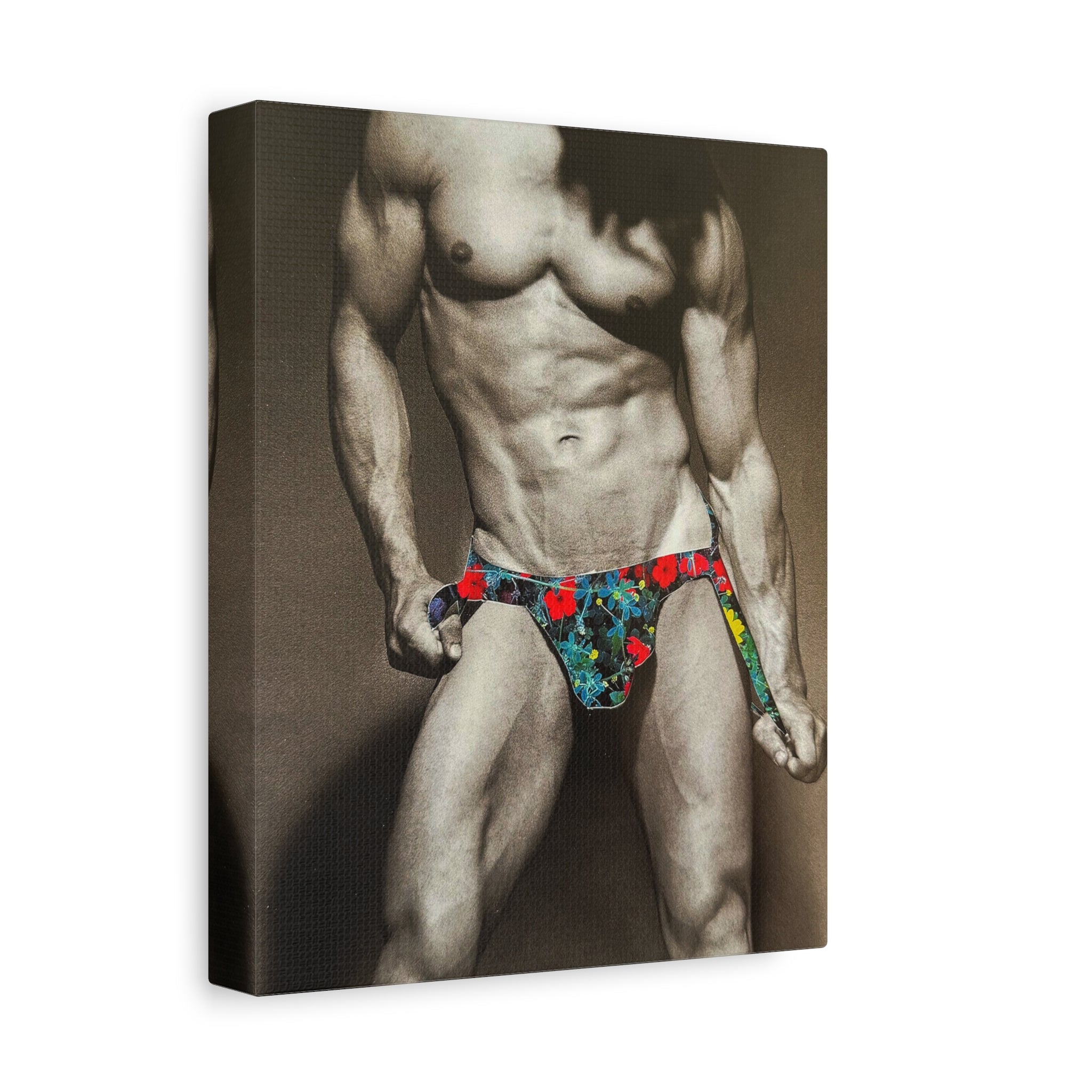 Male Pin-Up Art Canvas Print — Vintage Bodybuilder in Floral Swimwear (Matte Stretched 1.25")