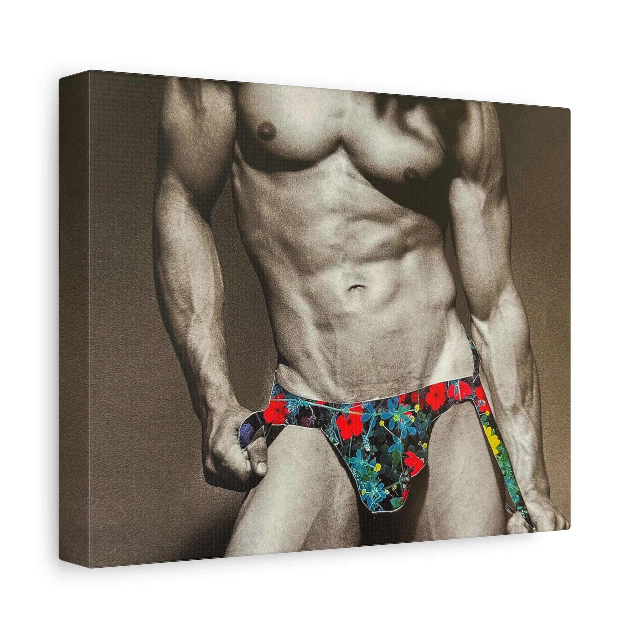 Male Pin-Up Art Canvas Print — Vintage Bodybuilder in Floral Swimwear (Matte Stretched 1.25")