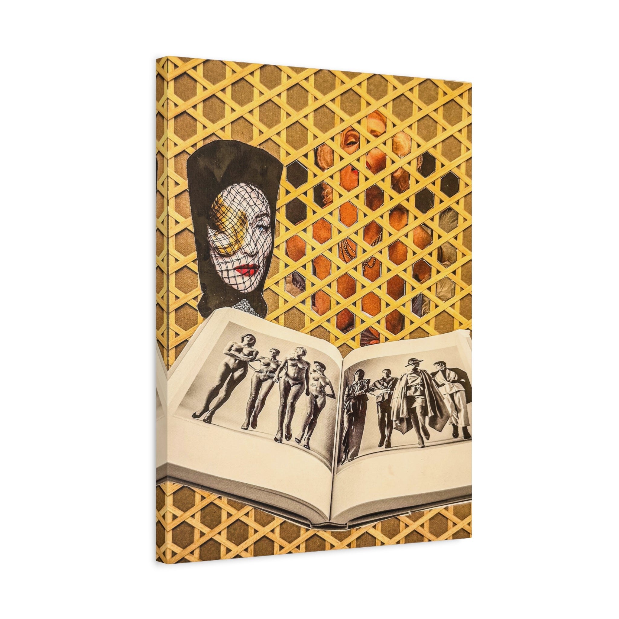 Surreal Collage Matte Canvas Wall Art — Masked Face & Vintage Photo Spread