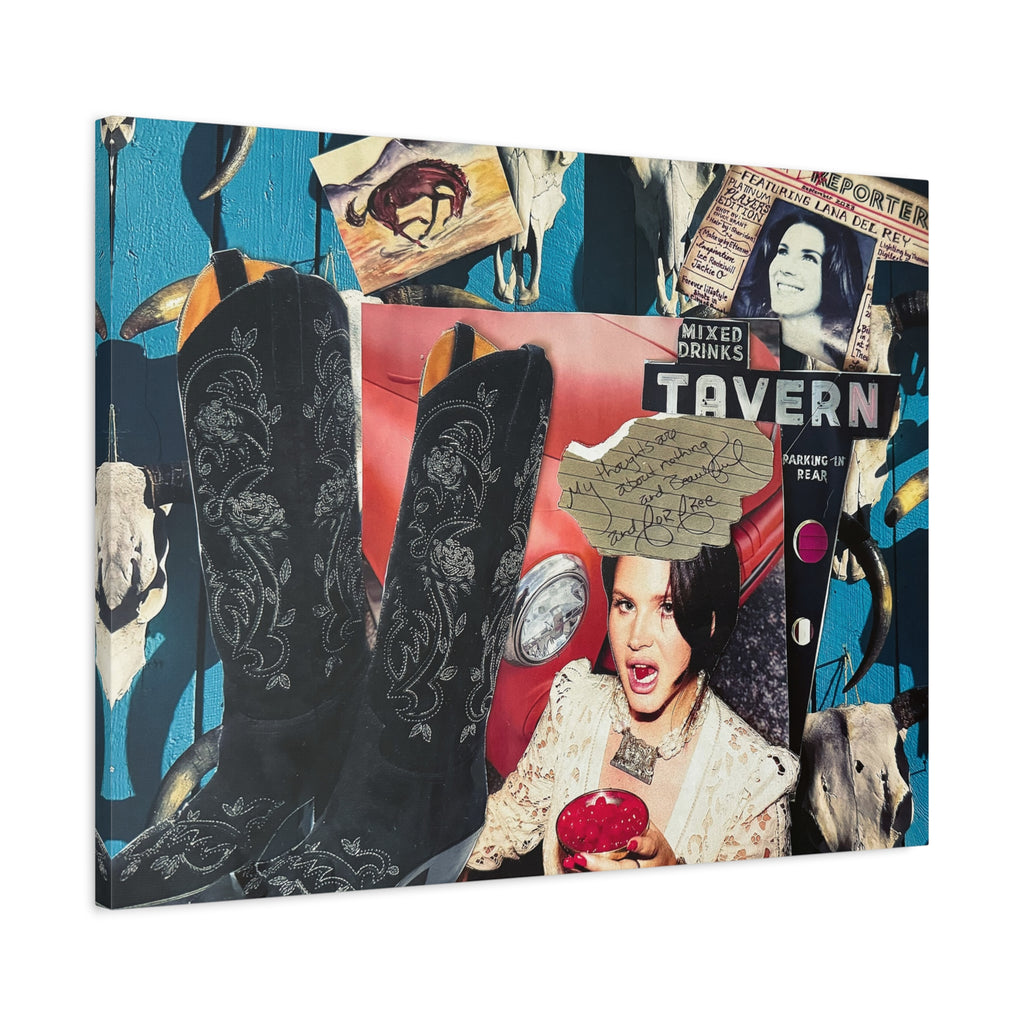 Vintage Pop Collage Canvas Art — Retro Tavern, Cowboy Boots & Iconic Portraits