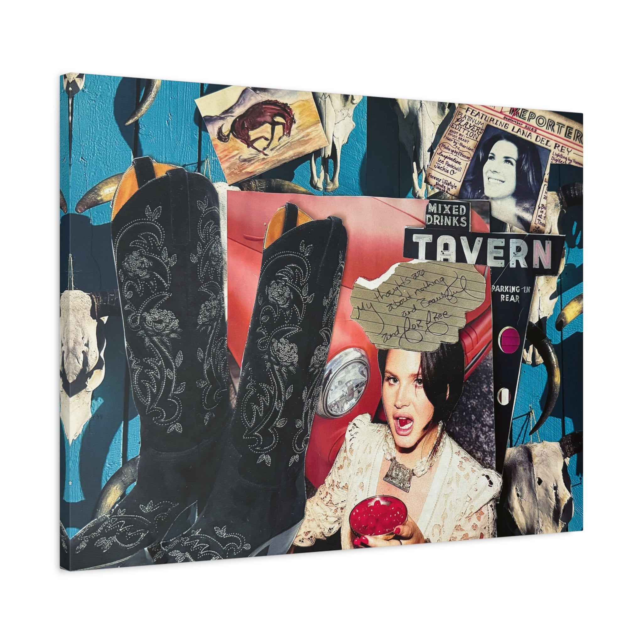 Vintage Pop Collage Canvas Art — Retro Tavern, Cowboy Boots & Iconic Portraits