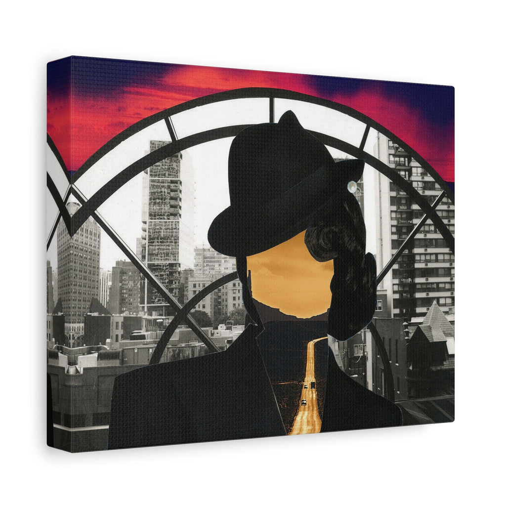 Surreal Cityscape Canvas Art — Faceless Figure with Sunset Road
