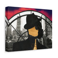 Surreal Cityscape Canvas Art — Faceless Figure with Sunset Road