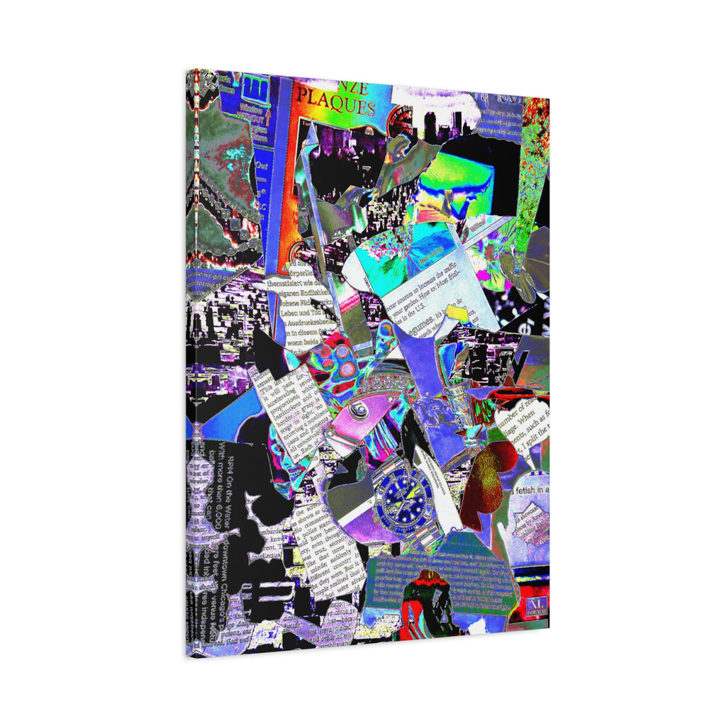 Abstract Collage Matte Canvas Print — Vibrant Glitch Art with Text Elements