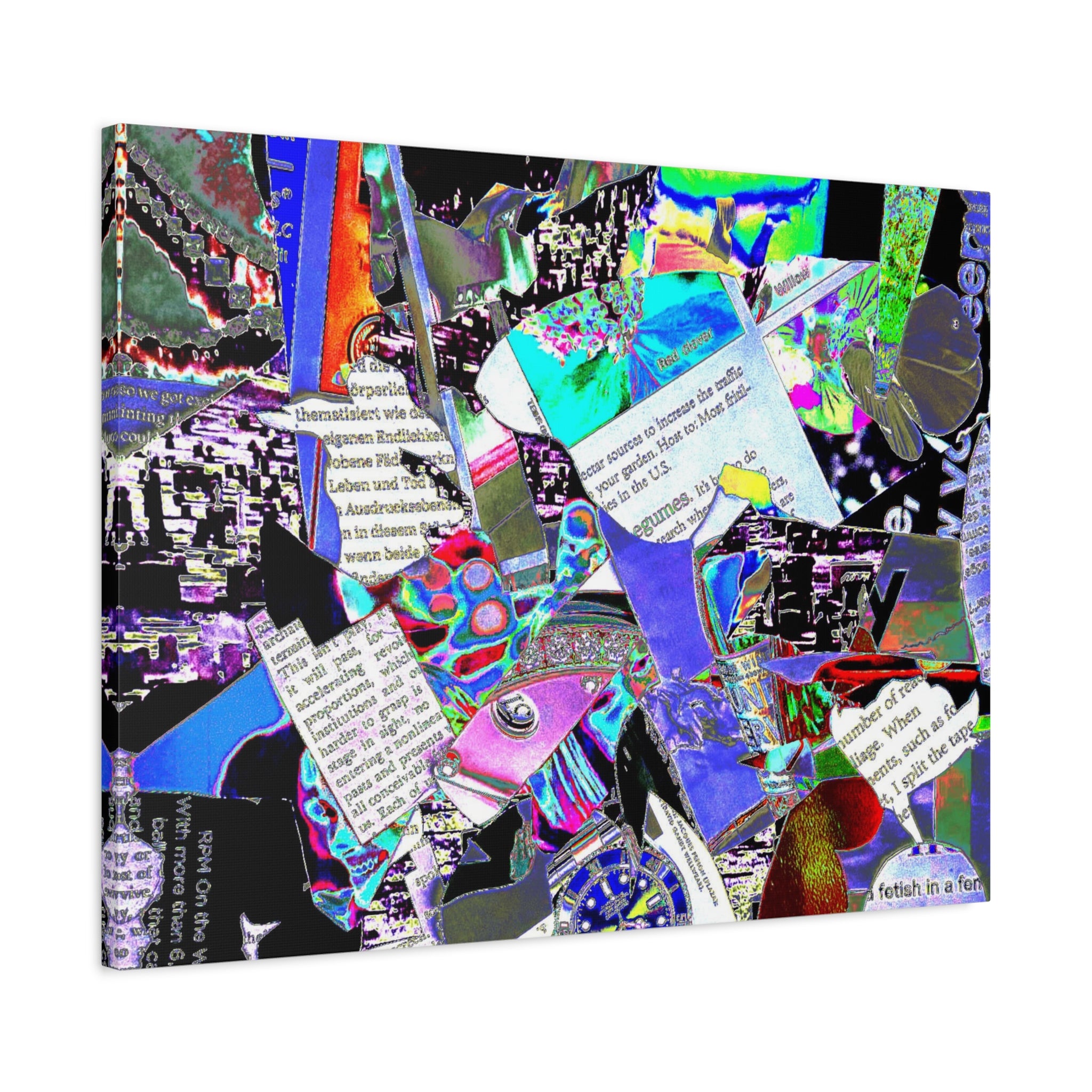 Abstract Collage Matte Canvas Print — Vibrant Glitch Art with Text Elements