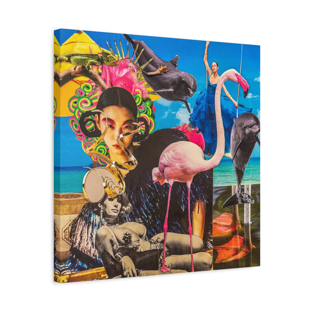 Surreal Tropical Collage Canvas Print — Flamingo & Retro Portrait Wall Art