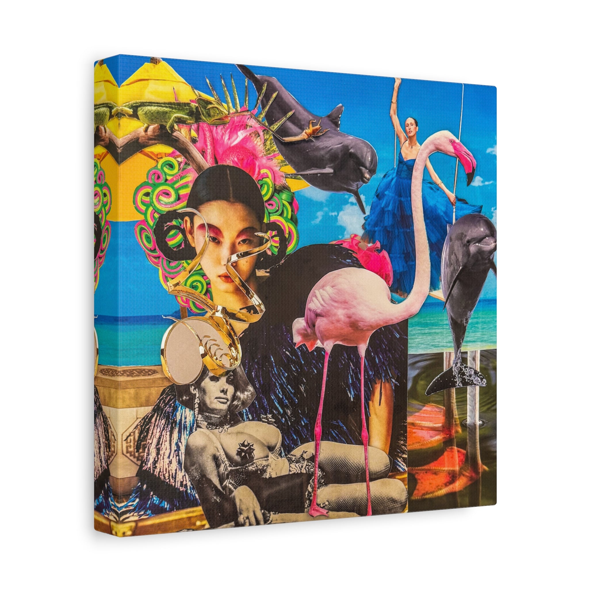 Surreal Tropical Collage Canvas Print — Flamingo & Retro Portrait Wall Art