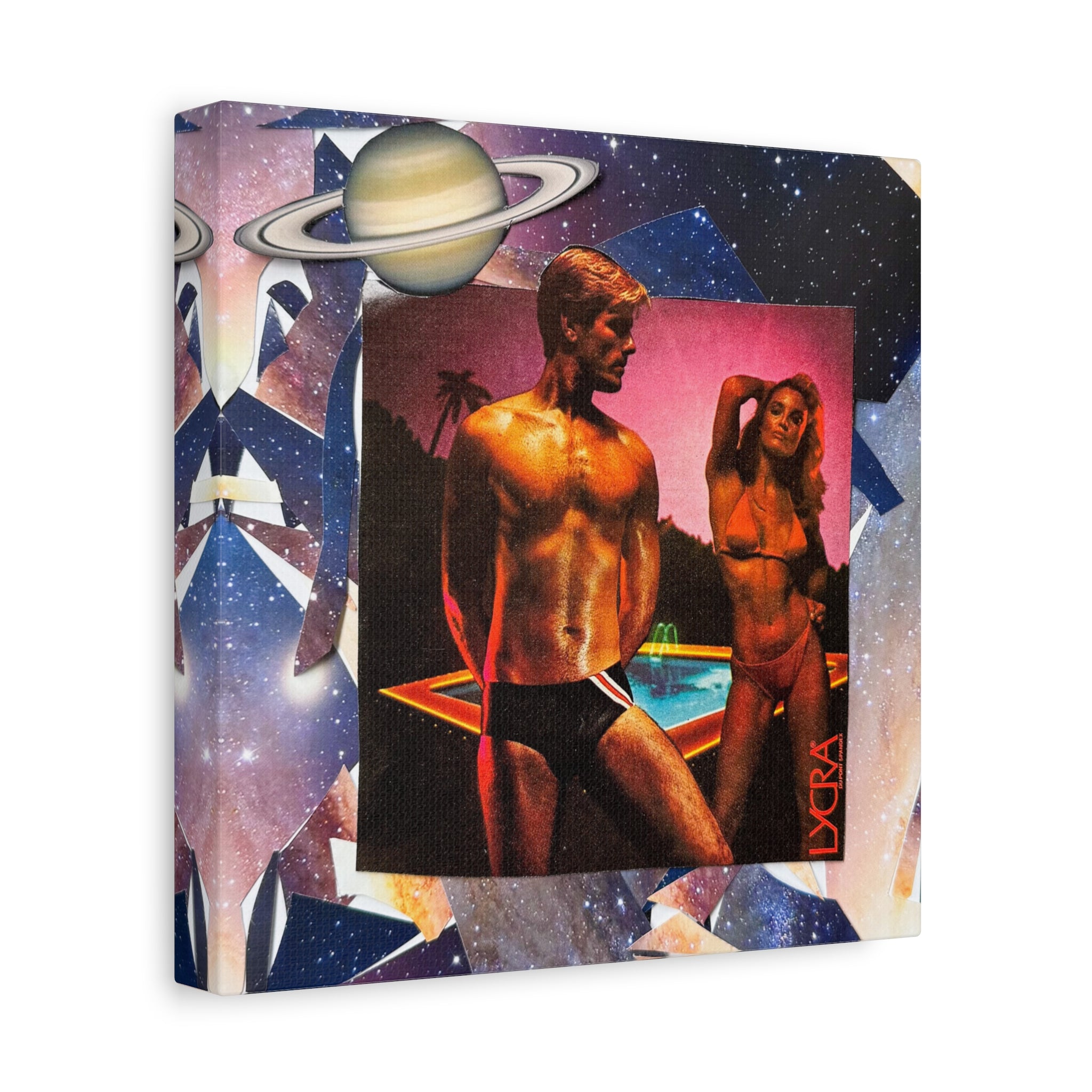 Retro Space Pool Canvas Print — Vintage 80s Bikini & Swim Trunks Wall Art