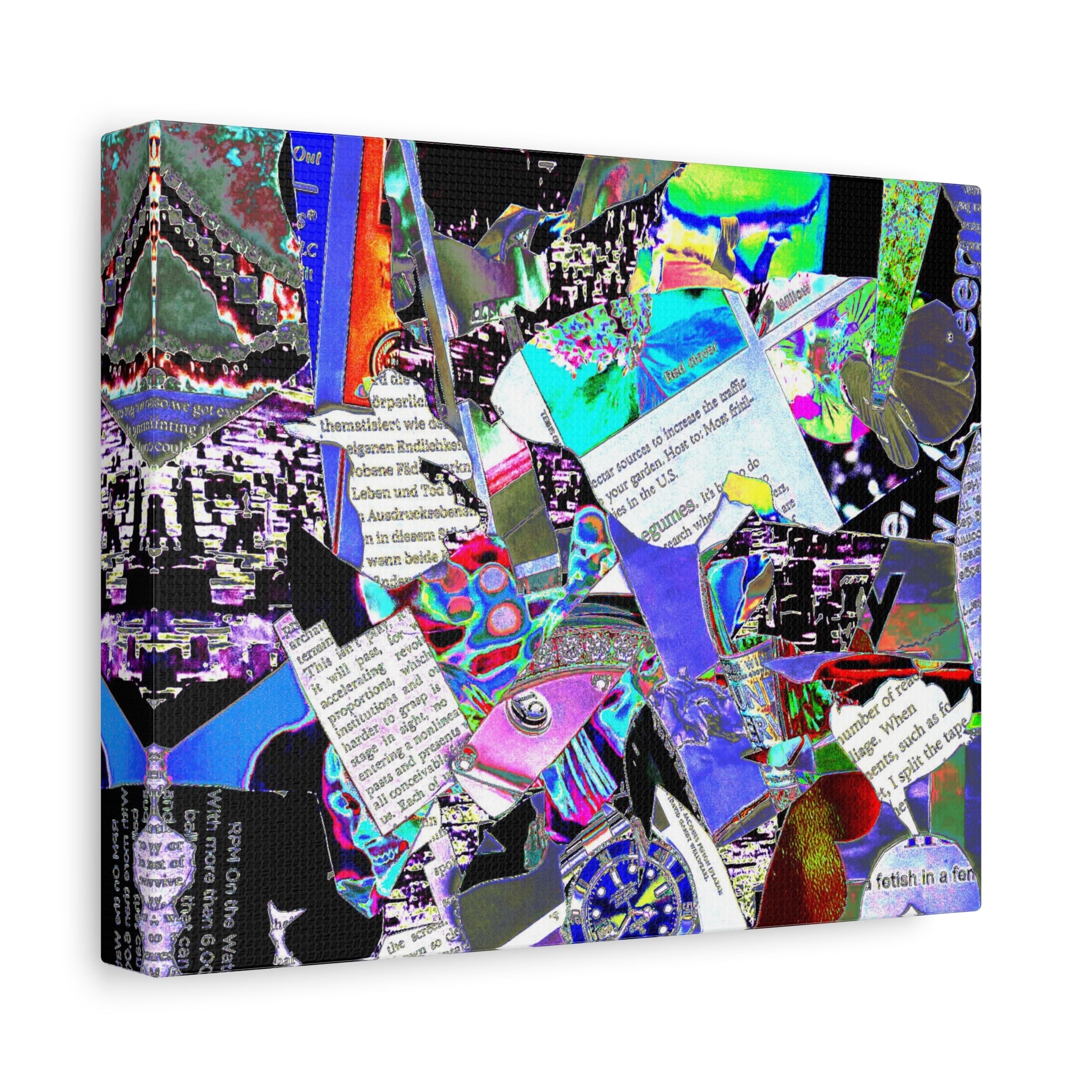 Abstract Collage Matte Canvas Print — Vibrant Glitch Art with Text Elements