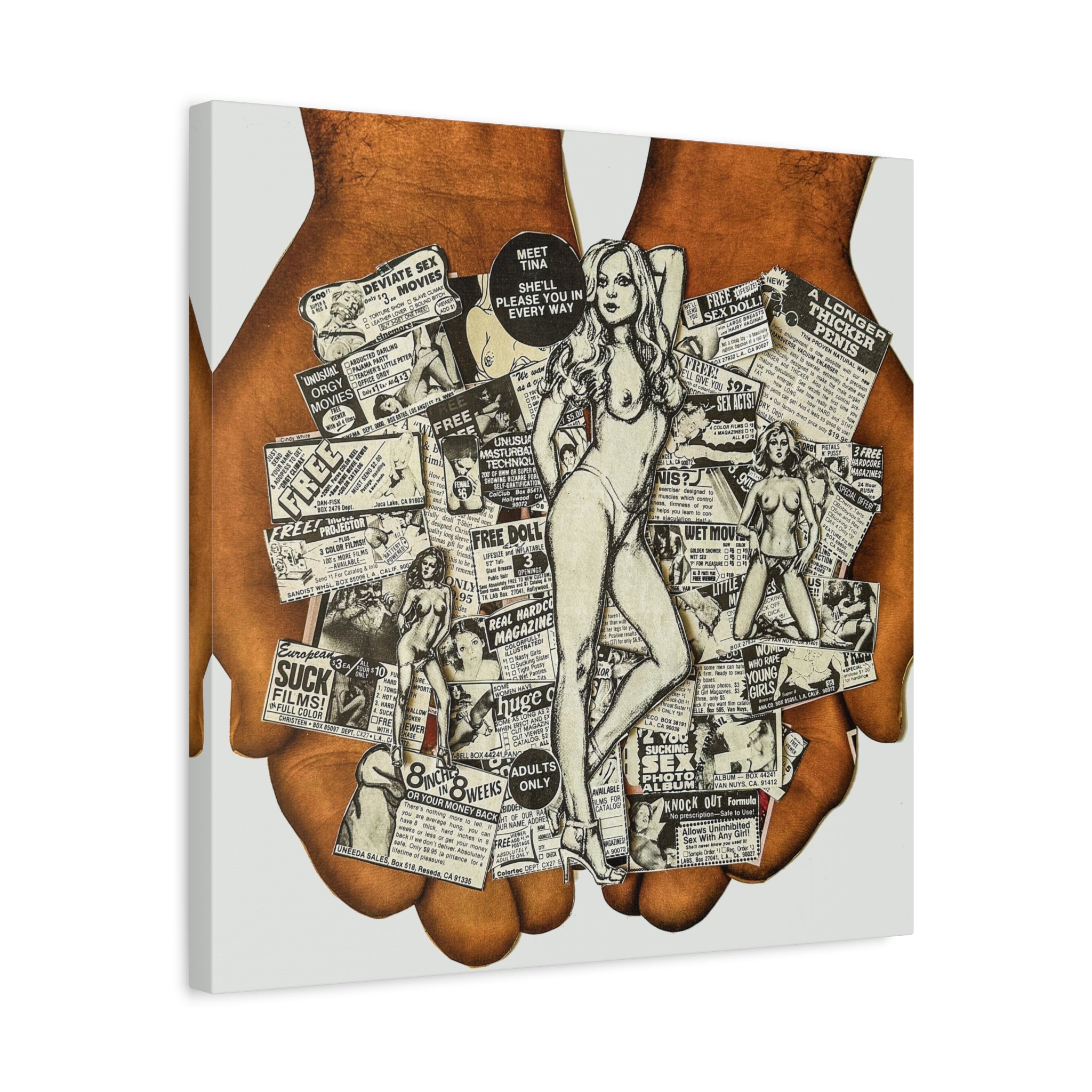 Pinup Collage Canvas Print — Vintage Pin-Up Hands Art on Stretched Matte Canvas