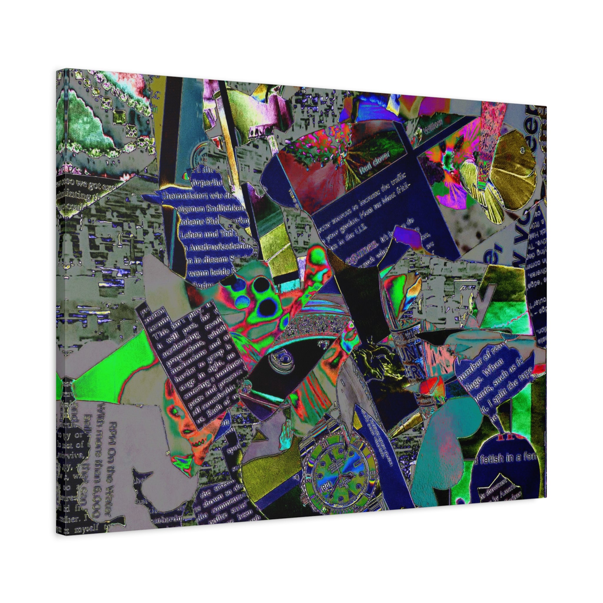 Abstract Collage Matte Canvas Print — Neon Newspaper Mixed-Media Art (Stretched 1.25")