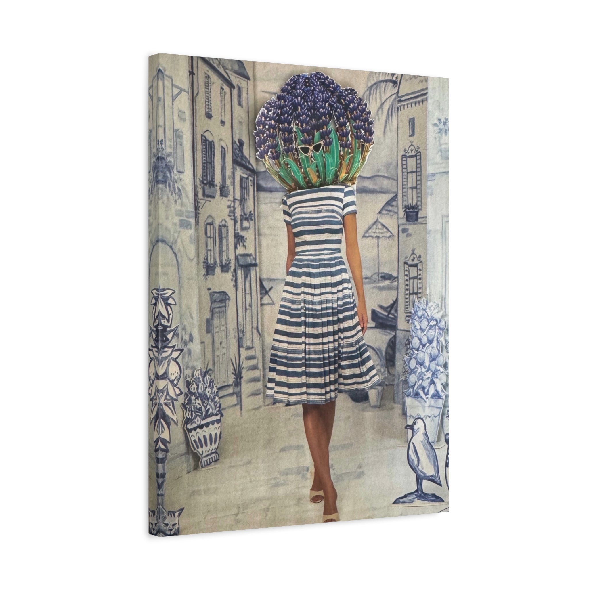 Botanical Head Woman Canvas Print — Vintage Street Scene Wall Art