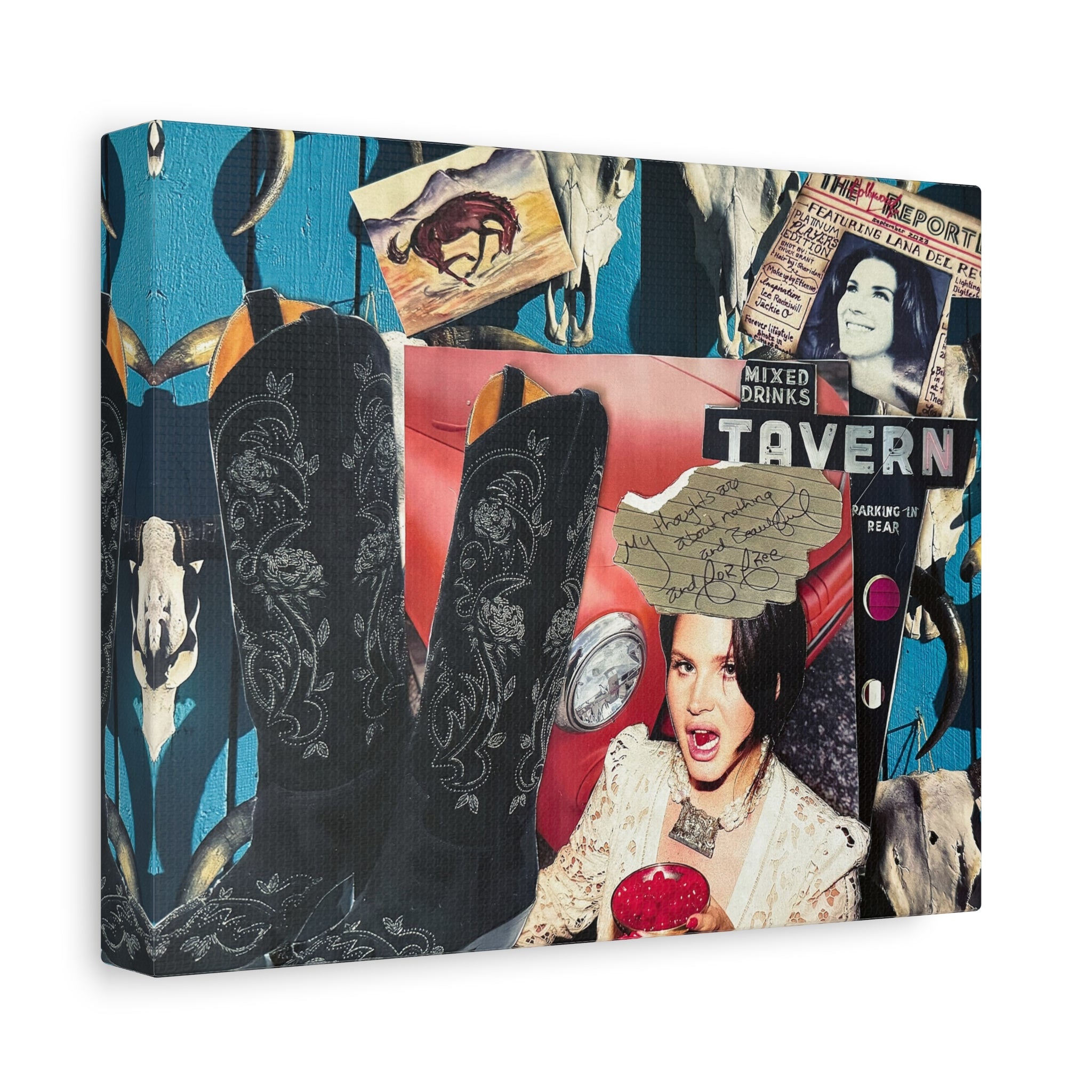 Vintage Pop Collage Canvas Art — Retro Tavern, Cowboy Boots & Iconic Portraits