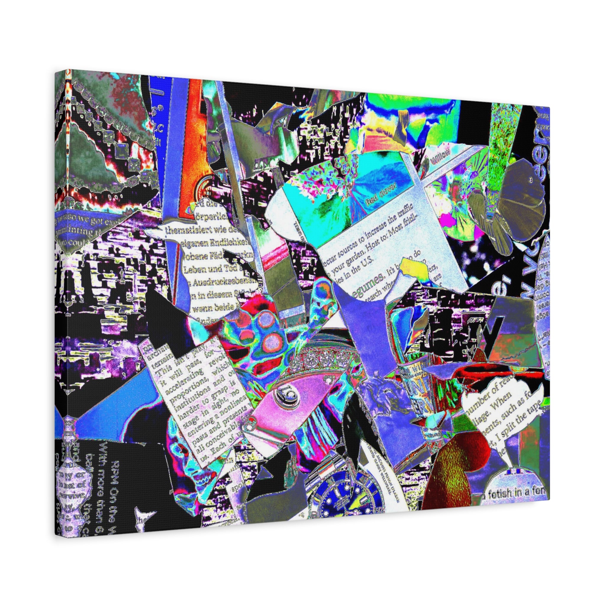 Abstract Collage Matte Canvas Print — Vibrant Glitch Art with Text Elements