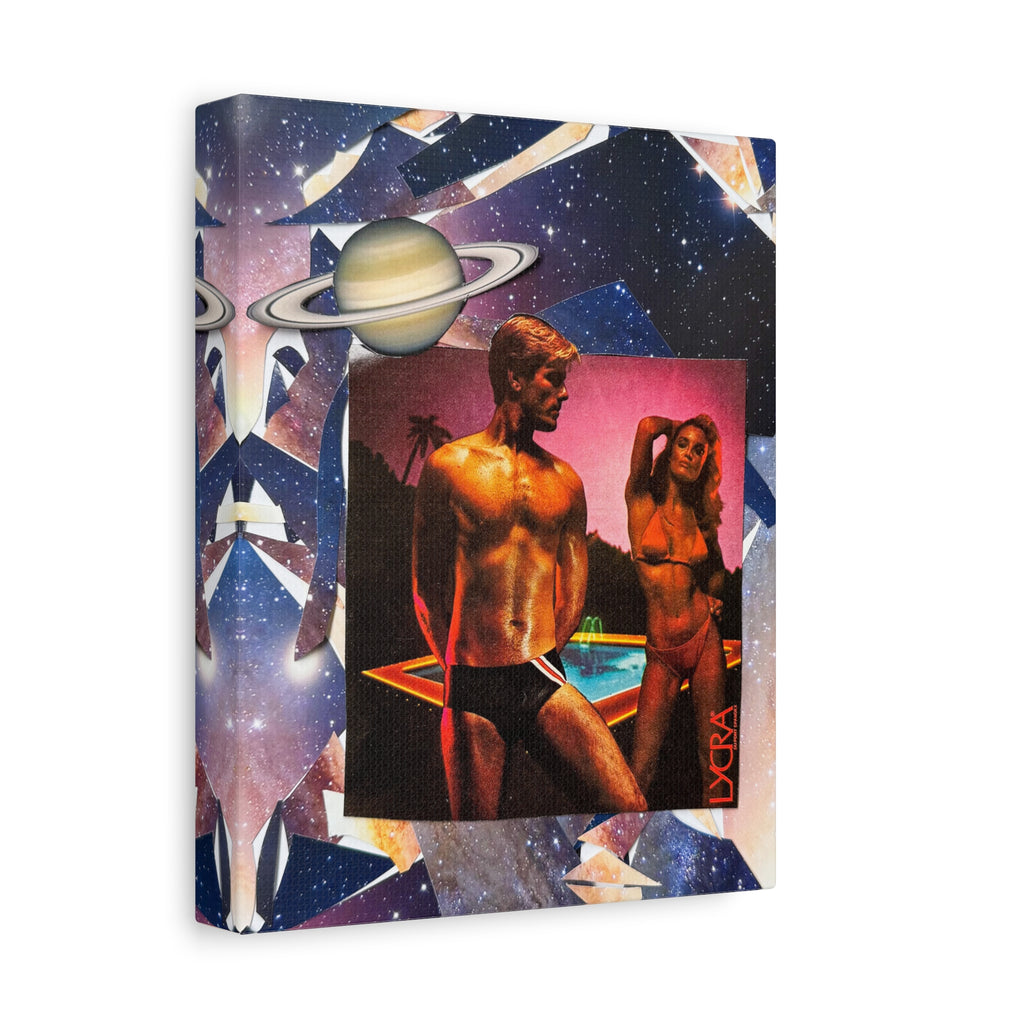 Retro Space Pool Canvas Print — Vintage 80s Bikini & Swim Trunks Wall Art