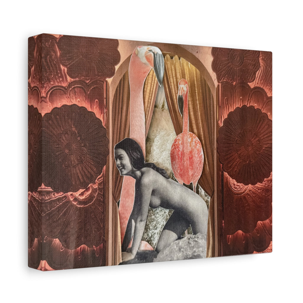 Surreal Flamingo Collage Canvas Art — Retro Nude Figure Wall Print