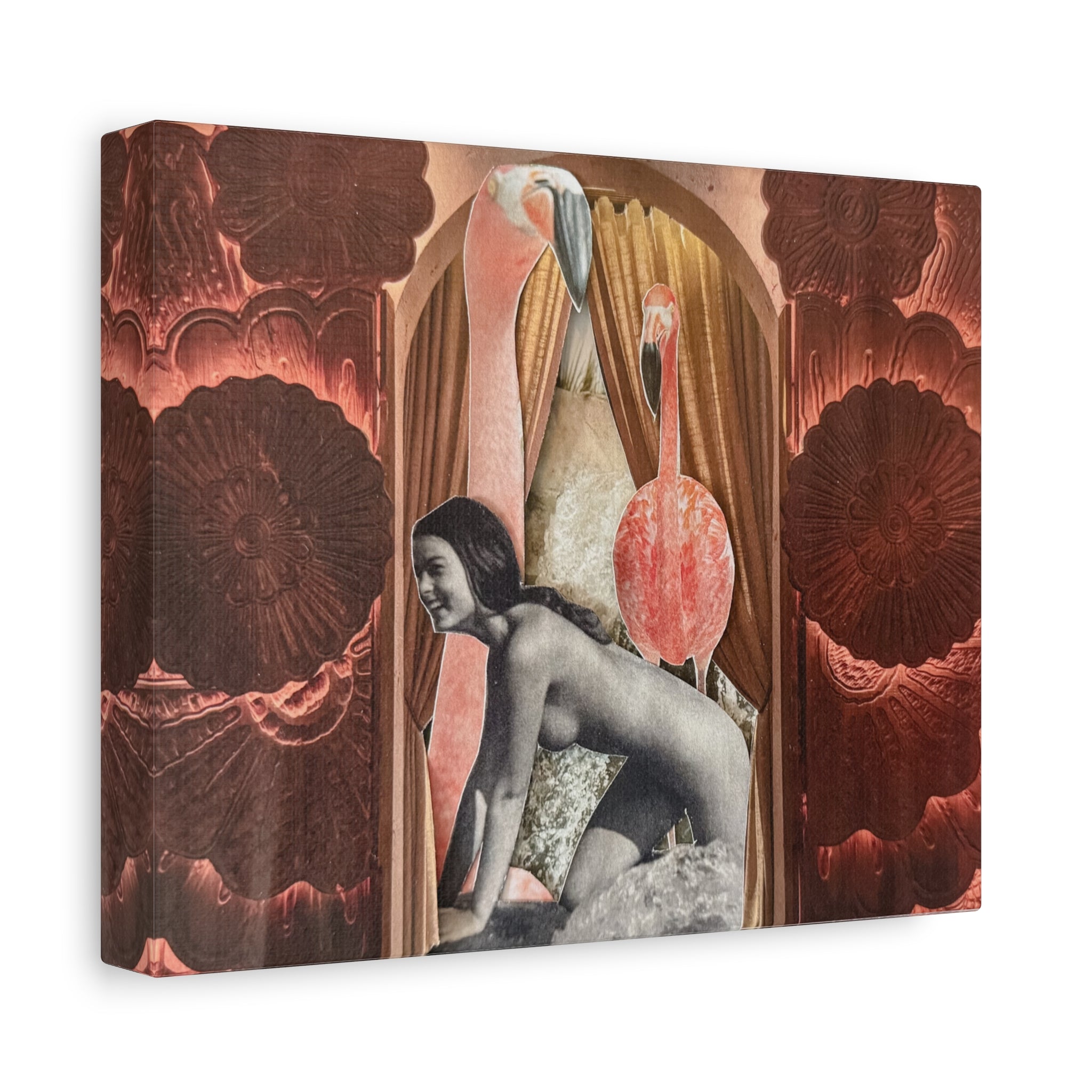Surreal Flamingo Collage Canvas Art — Retro Nude Figure Wall Print