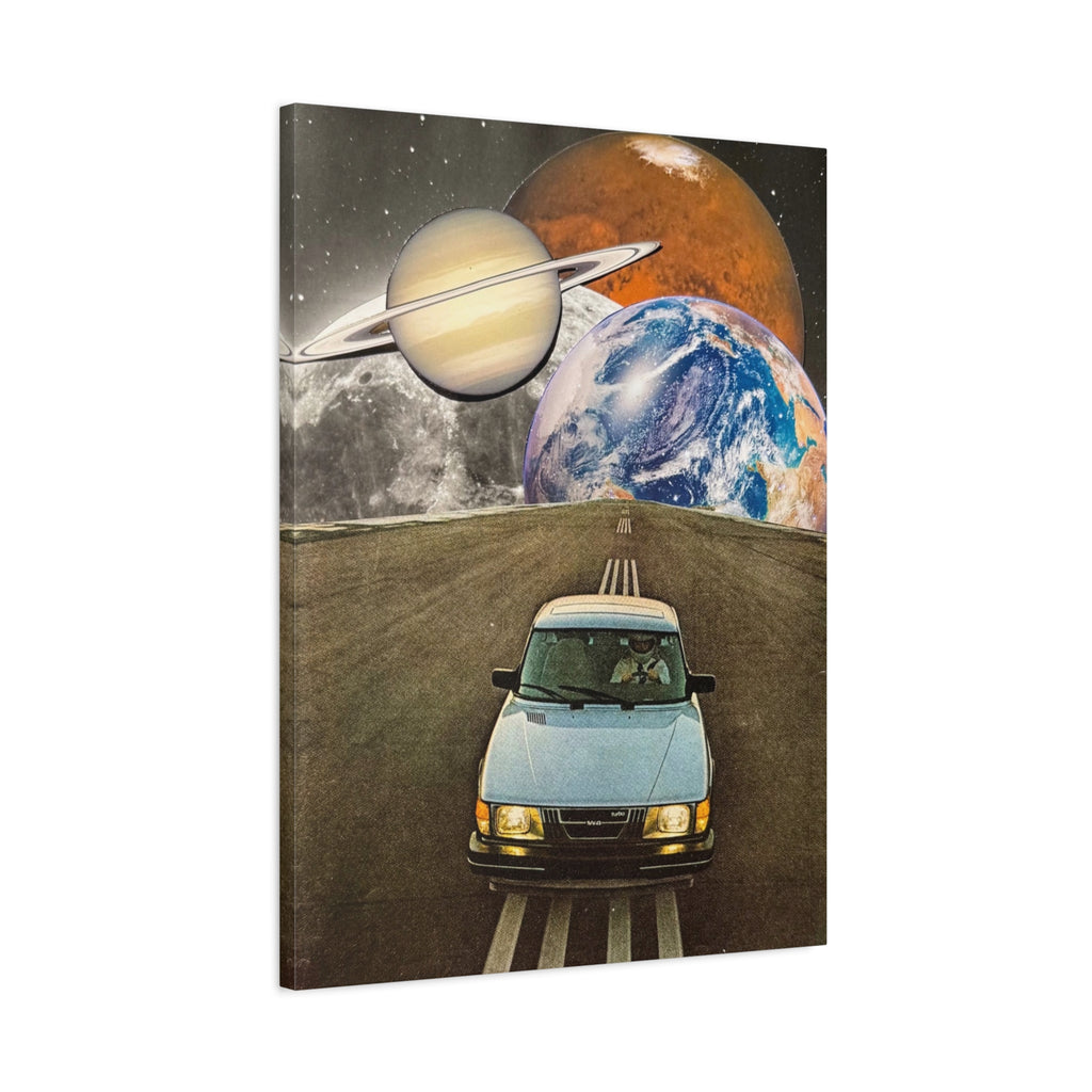 Surreal Road Trip Space Canvas — Van, Planets & Moon Wall Art