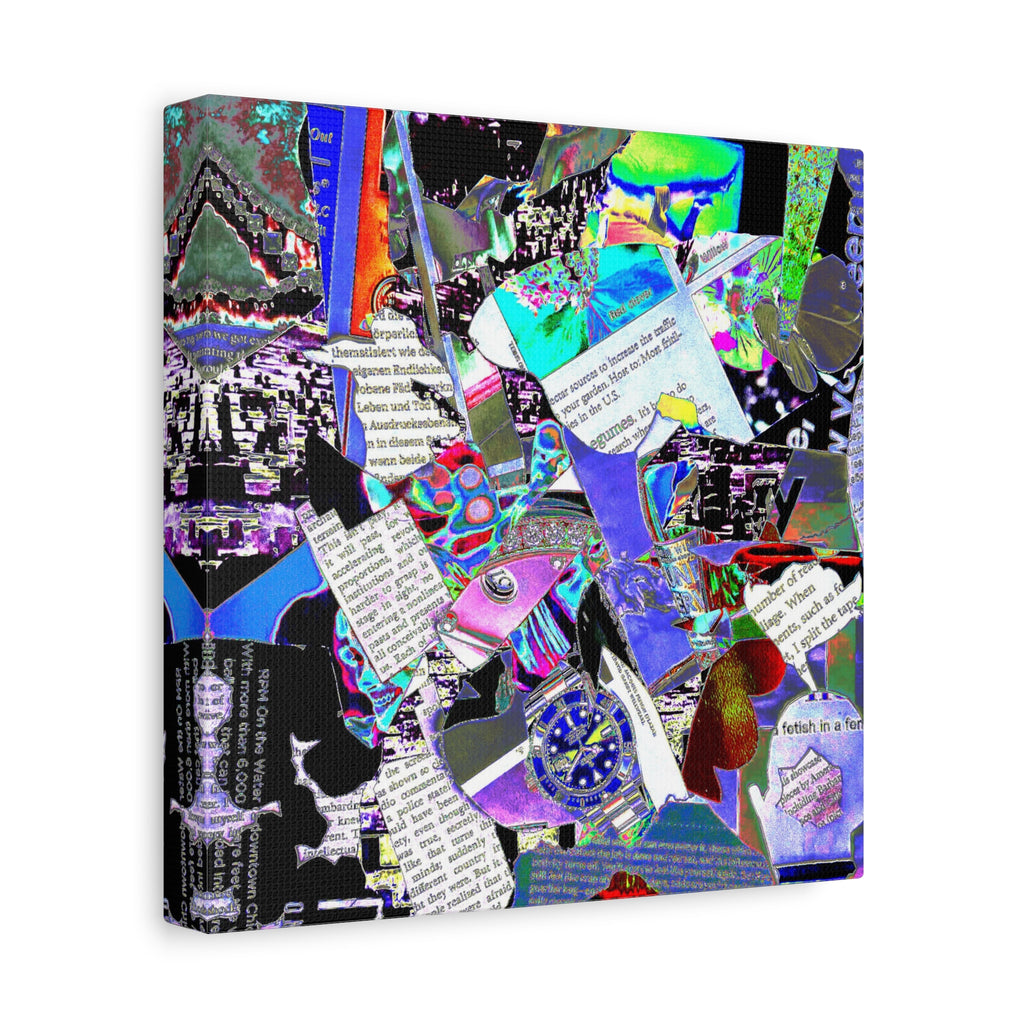 Abstract Collage Matte Canvas Print — Vibrant Glitch Art with Text Elements