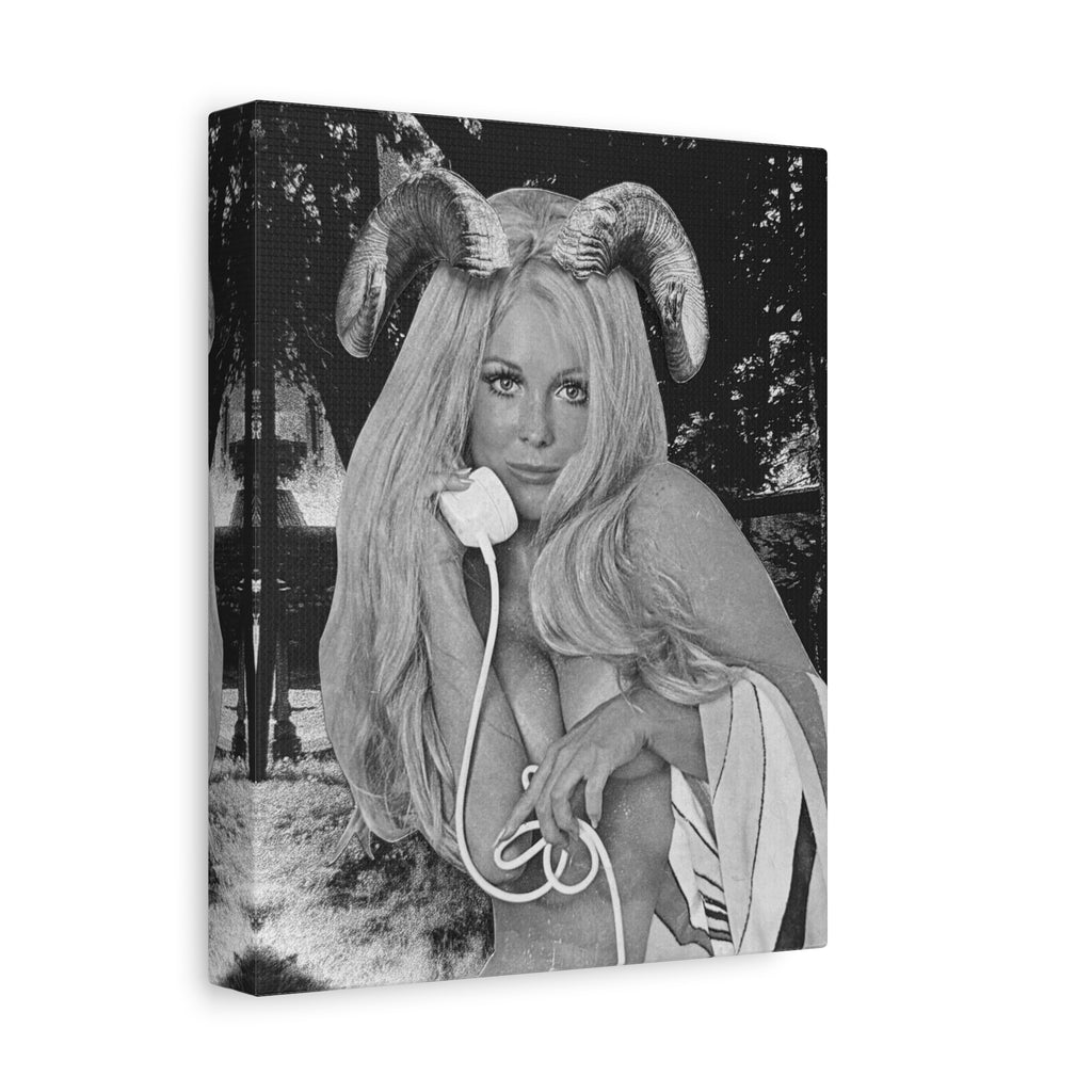 Vintage Pinup Ram Horns Canvas Art — Black & White Matte Stretched Print