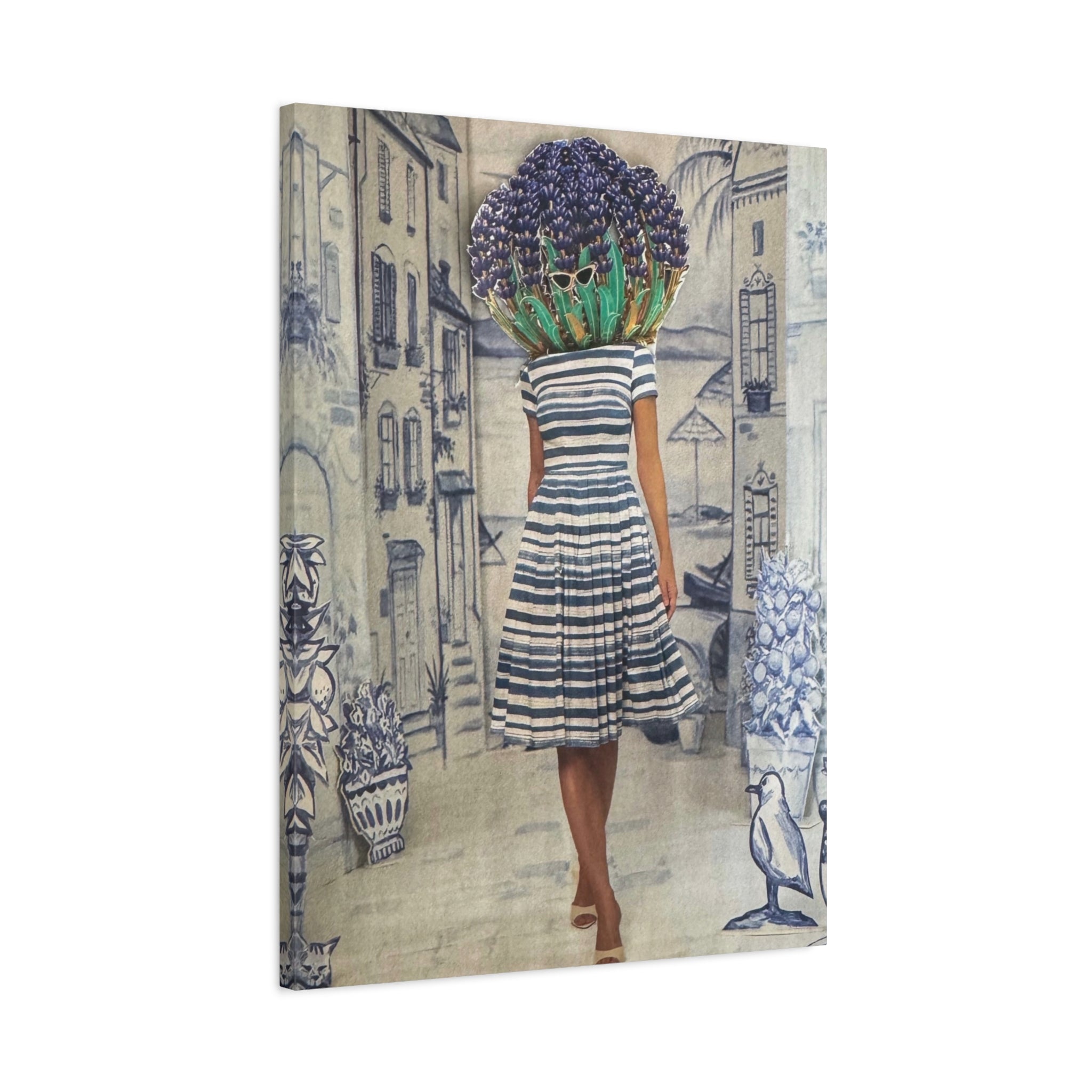 Botanical Head Woman Canvas Print — Vintage Street Scene Wall Art