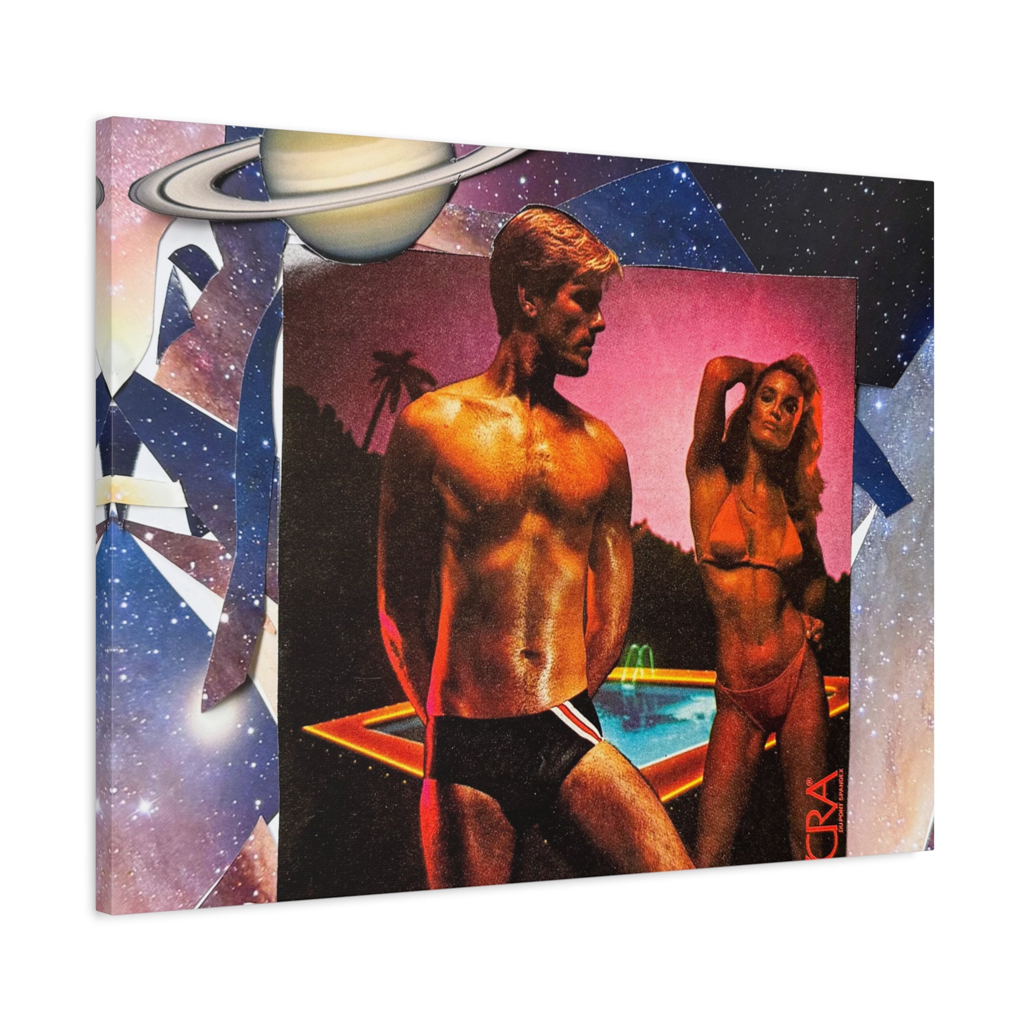 Retro Space Pool Canvas Print — Vintage 80s Bikini & Swim Trunks Wall Art