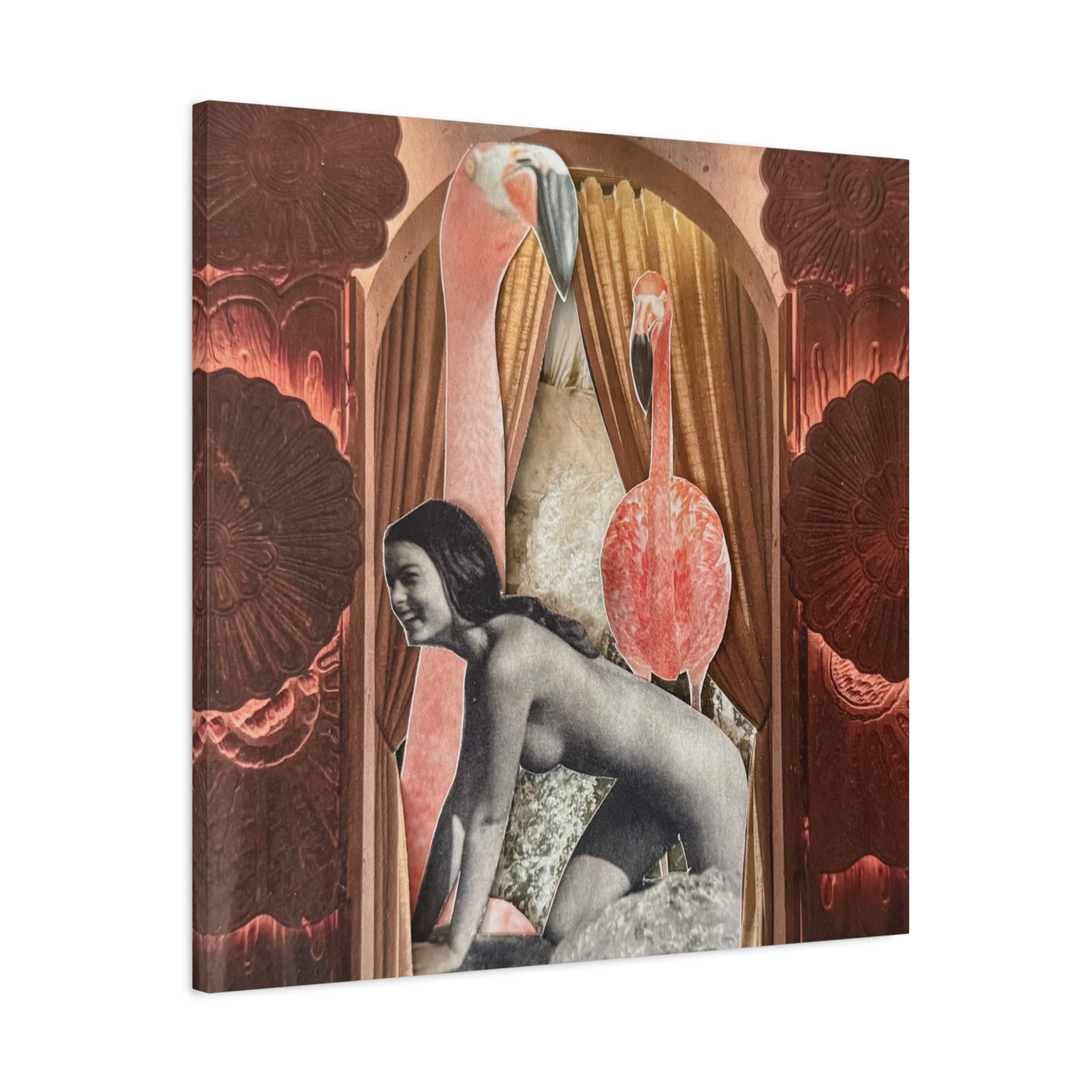 Surreal Flamingo Collage Canvas Art — Retro Nude Figure Wall Print