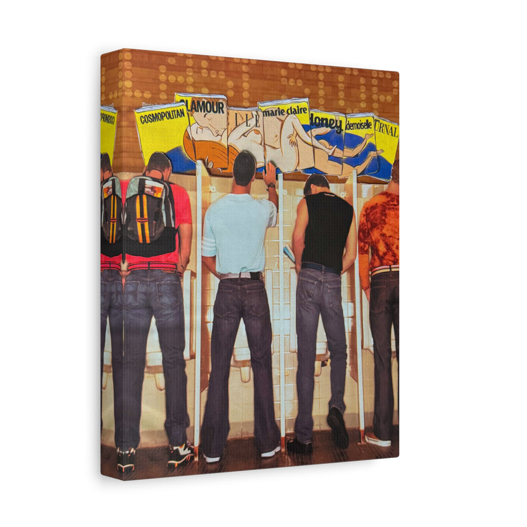 Retro Guys at Urinal Matte Canvas Wall Art — Funny Vintage Bathroom Pop Art