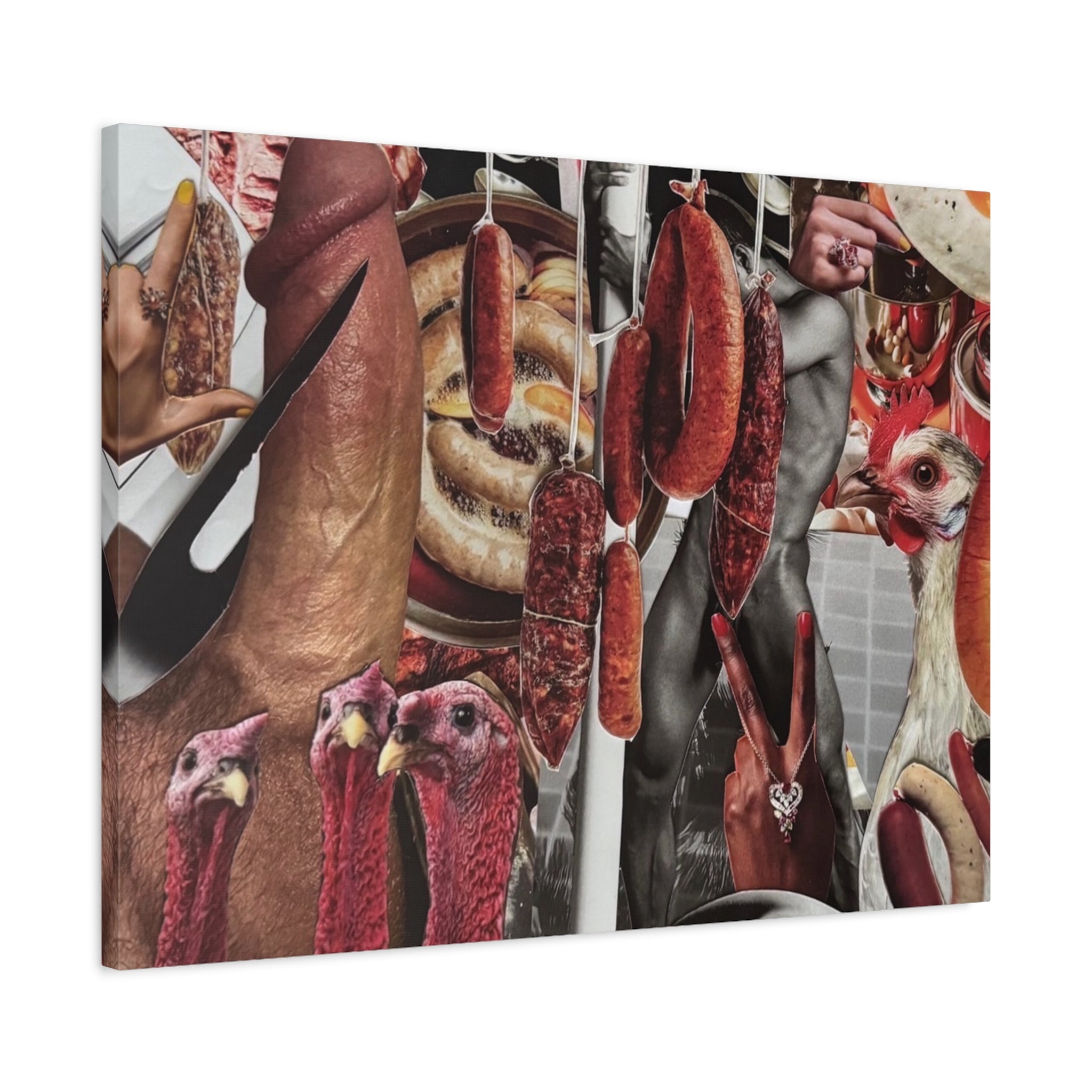Kitchen Collage Canvas — Surreal Turkey & Sausage Art Print