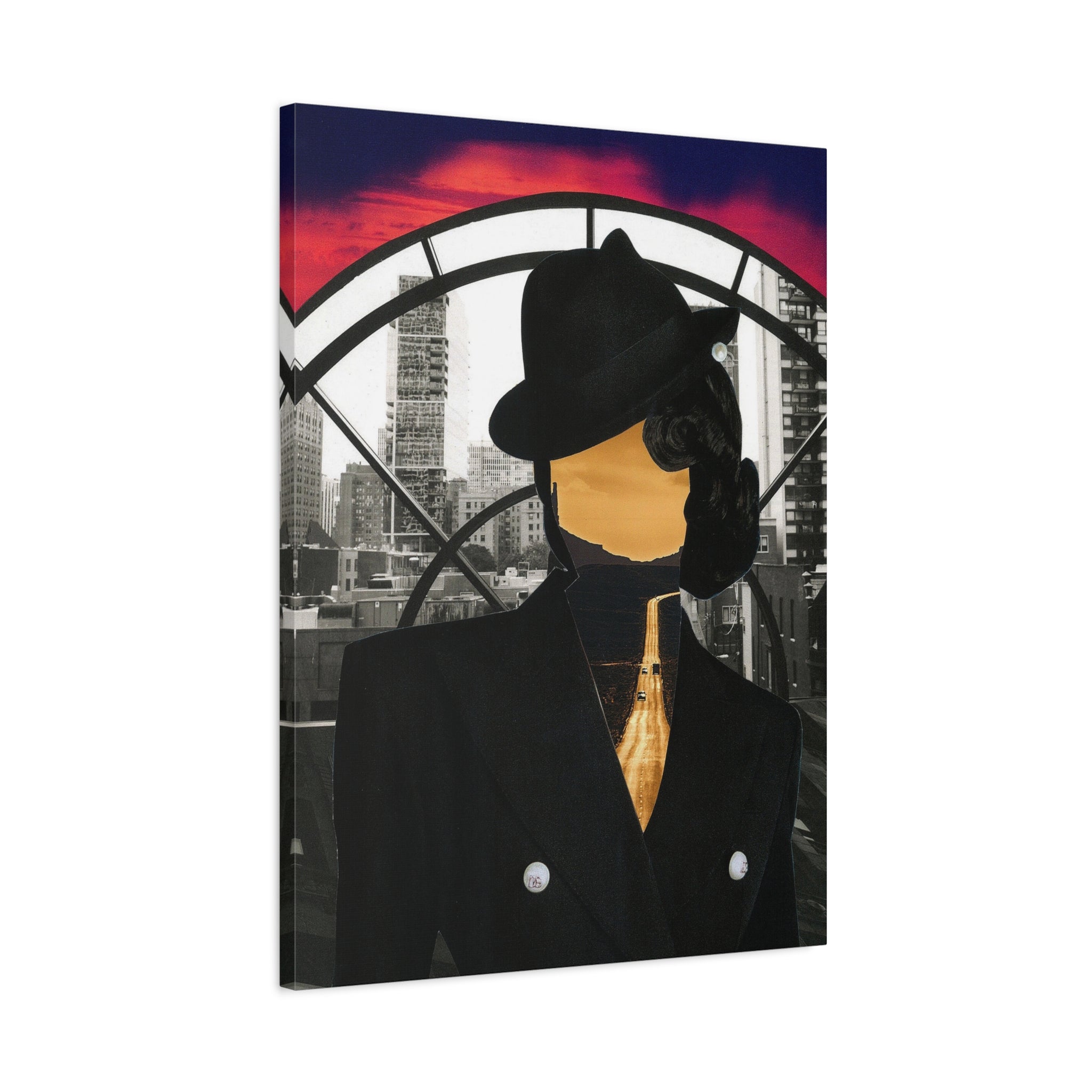 Surreal Cityscape Canvas Art — Faceless Figure with Sunset Road