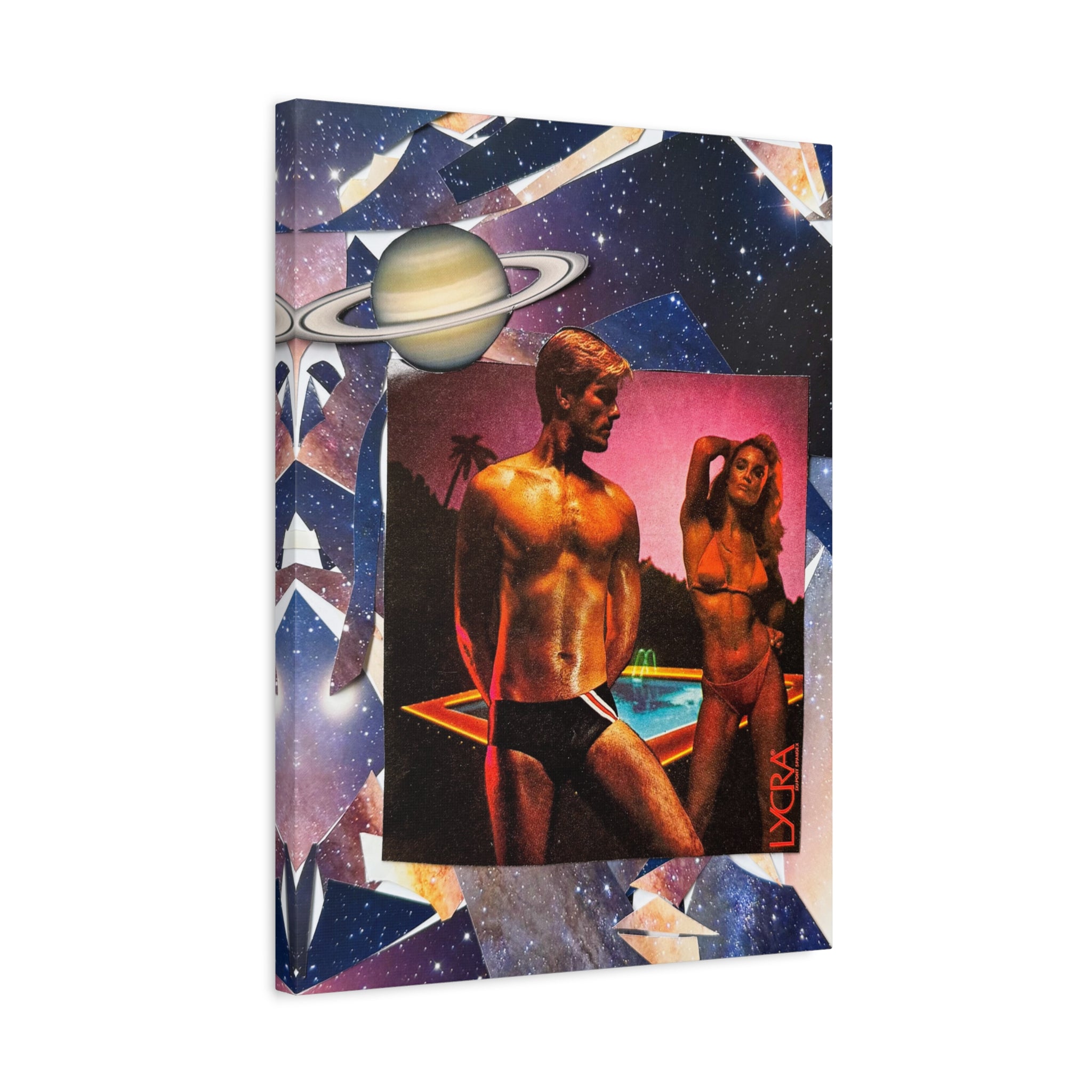 Retro Space Pool Canvas Print — Vintage 80s Bikini & Swim Trunks Wall Art