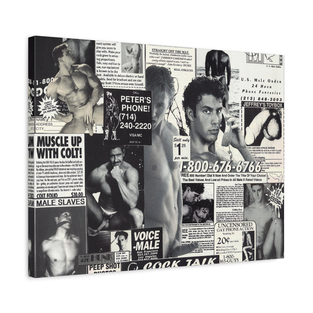 Vintage Male Ads Collage Matte Canvas Print — Retro Gym & Pinup Wall Art